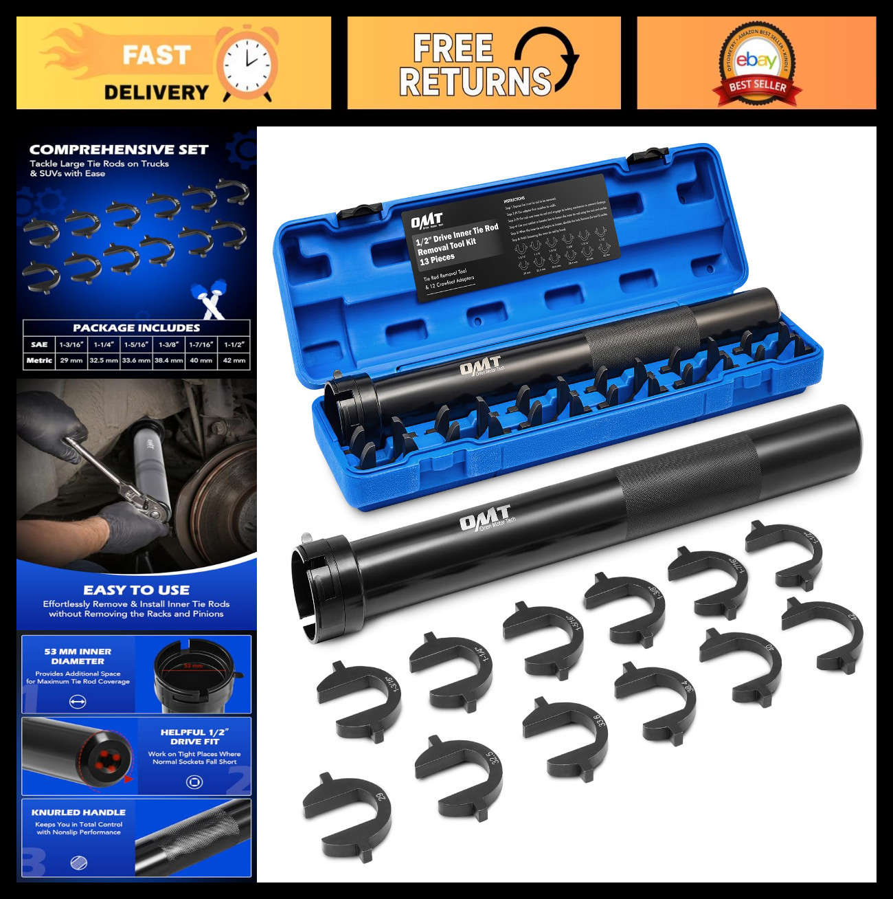 Inner Tie Rod Removal Tool Kit with 12 Crowfoot Adapters & Case – Auto Repair To