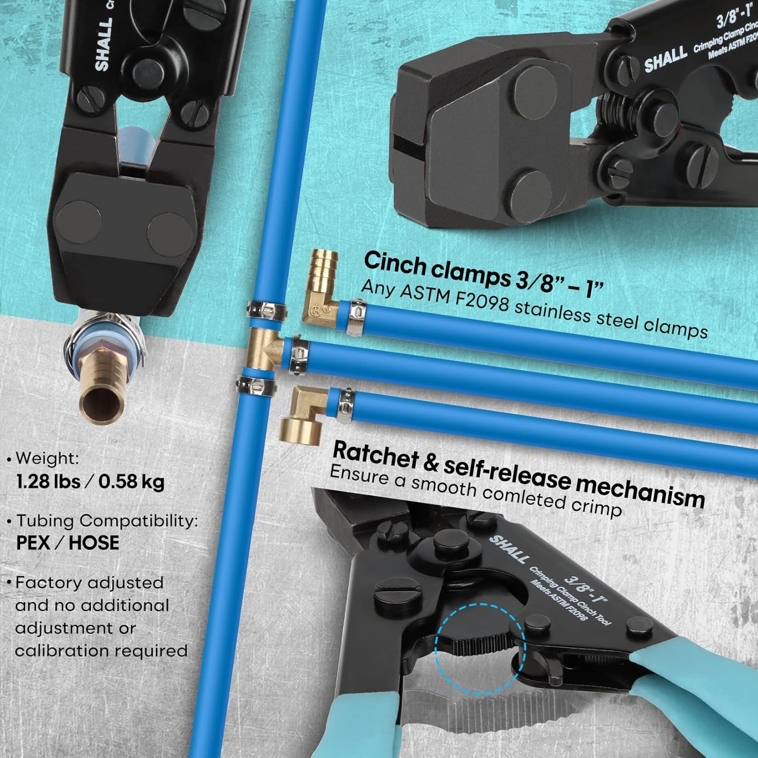 SHALL Pex Crimping Clamp Cinch Tool and Pipe Hose Cutter, Black, Turquoise
