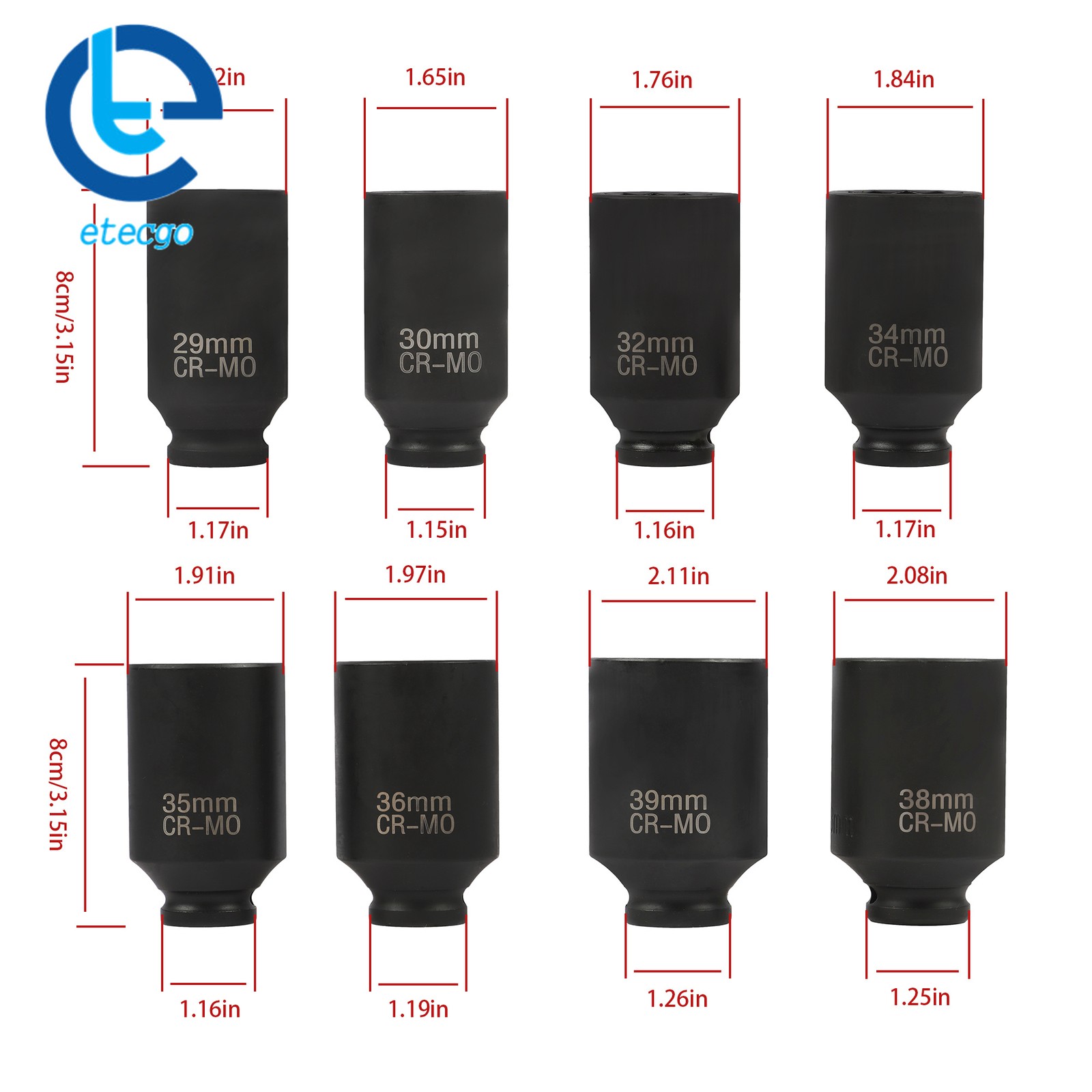 1 Set 1/2″ Drive Deep Spindle Axle Nut Impact Socket Set 8PCS 2 Point