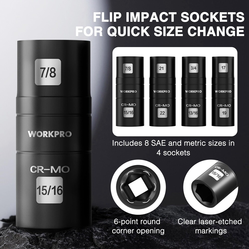 WORKPRO 5PC 1/2″ Dr Impact Socket Set Lug Nut Wheel 3″ Extension Bar Flip Socket