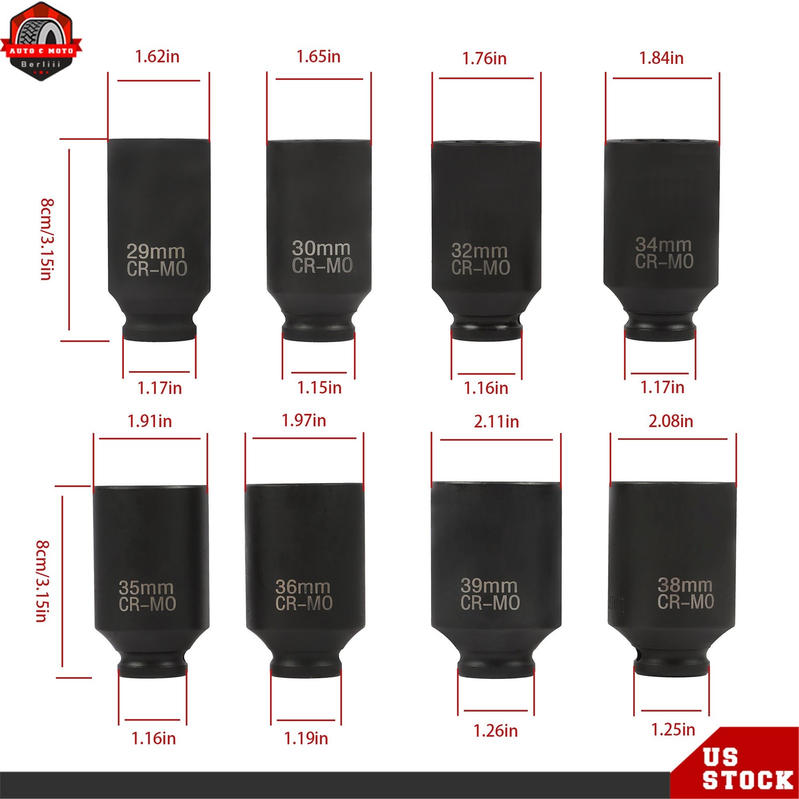 12 Point 1/2-Inch Drive Deep Spindle Axle Nut Impact Socket Set 29mm-39mm