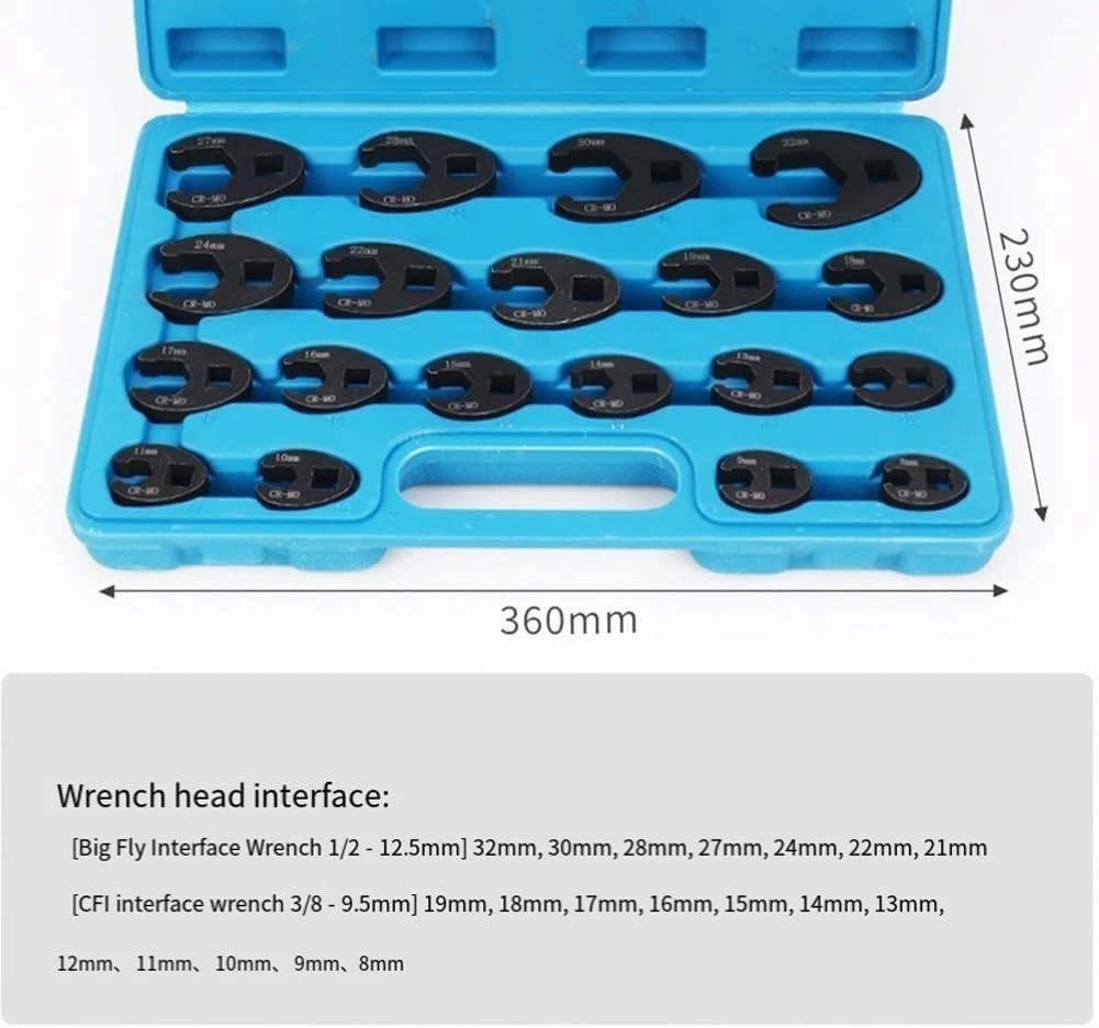 19PCS Crows foot Wrench Set 1/2″ and 3/8” Drive Flare Nut Crowfoot Wrench Set