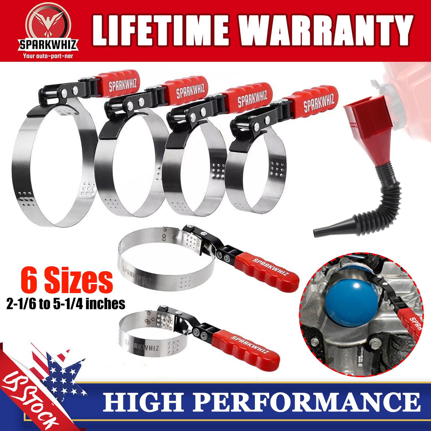 Oil Filter Removal Tool Kit 6 Sizes Oil Filter Wrench 2-1/6″ 5-1/4″ + 1PC Funnel