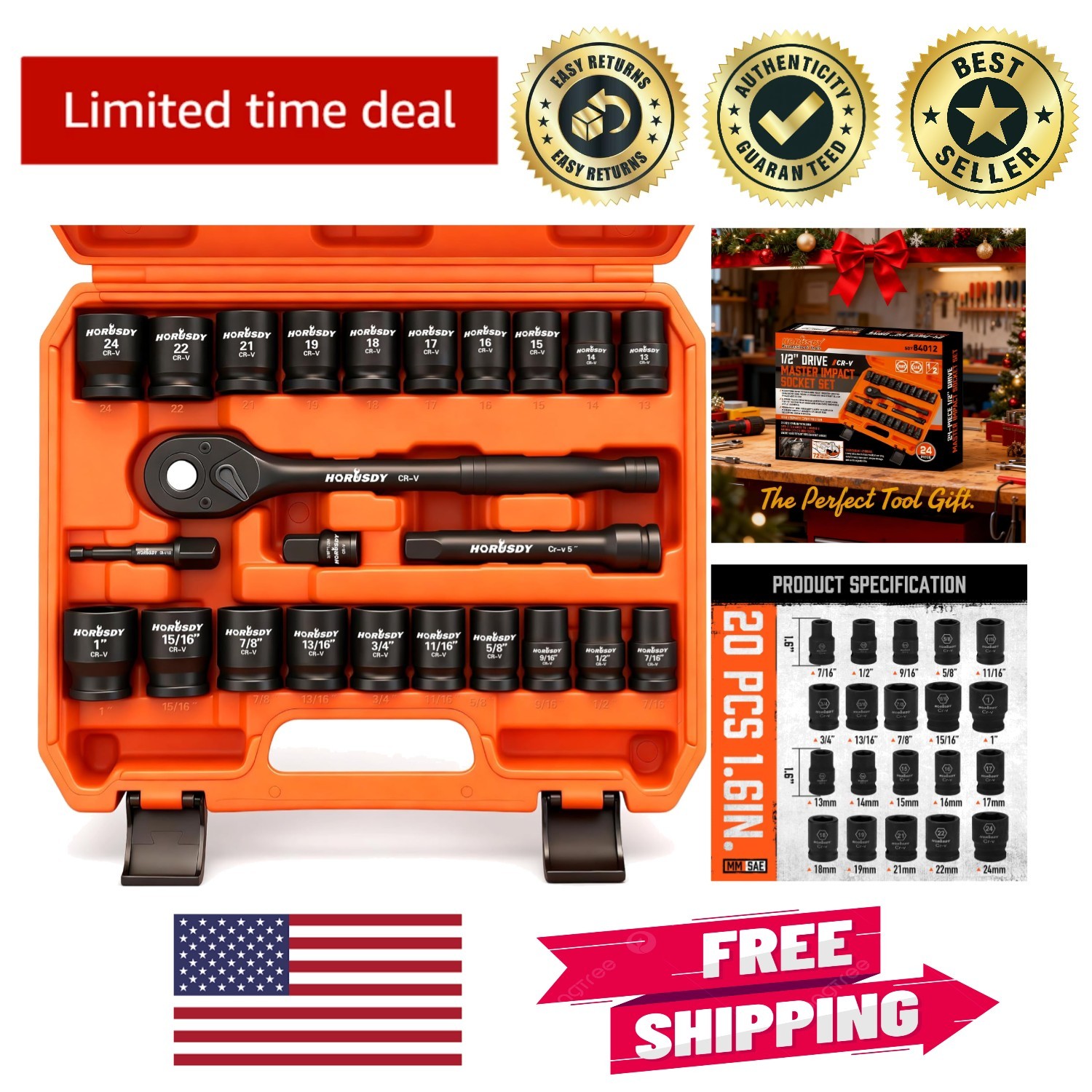 High-Quality 1/2″ Drive Impact Socket Set – 24 Pieces with Ratchet & Extension