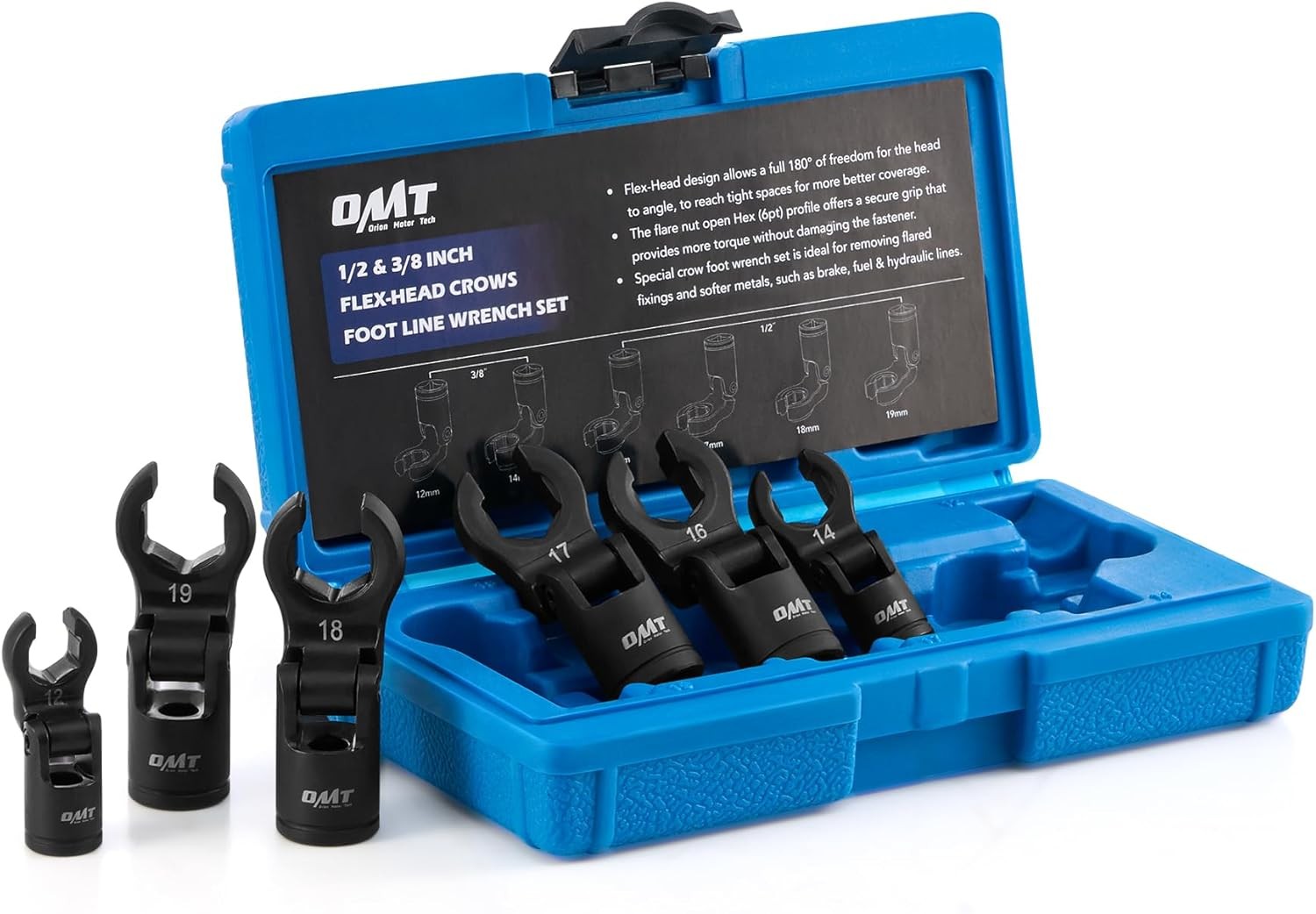 Orion Motor Tech Crows Foot Wrench Set, 6pc Flex 3/8″ and 1/2″ Drive, Black