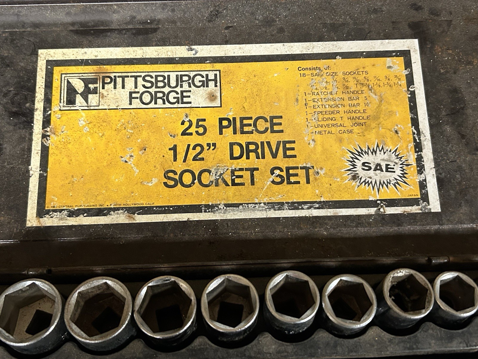 Vintage Pittsburgh Chrome Vanadium Socket Set Metal Box MISSING 3 Pieces