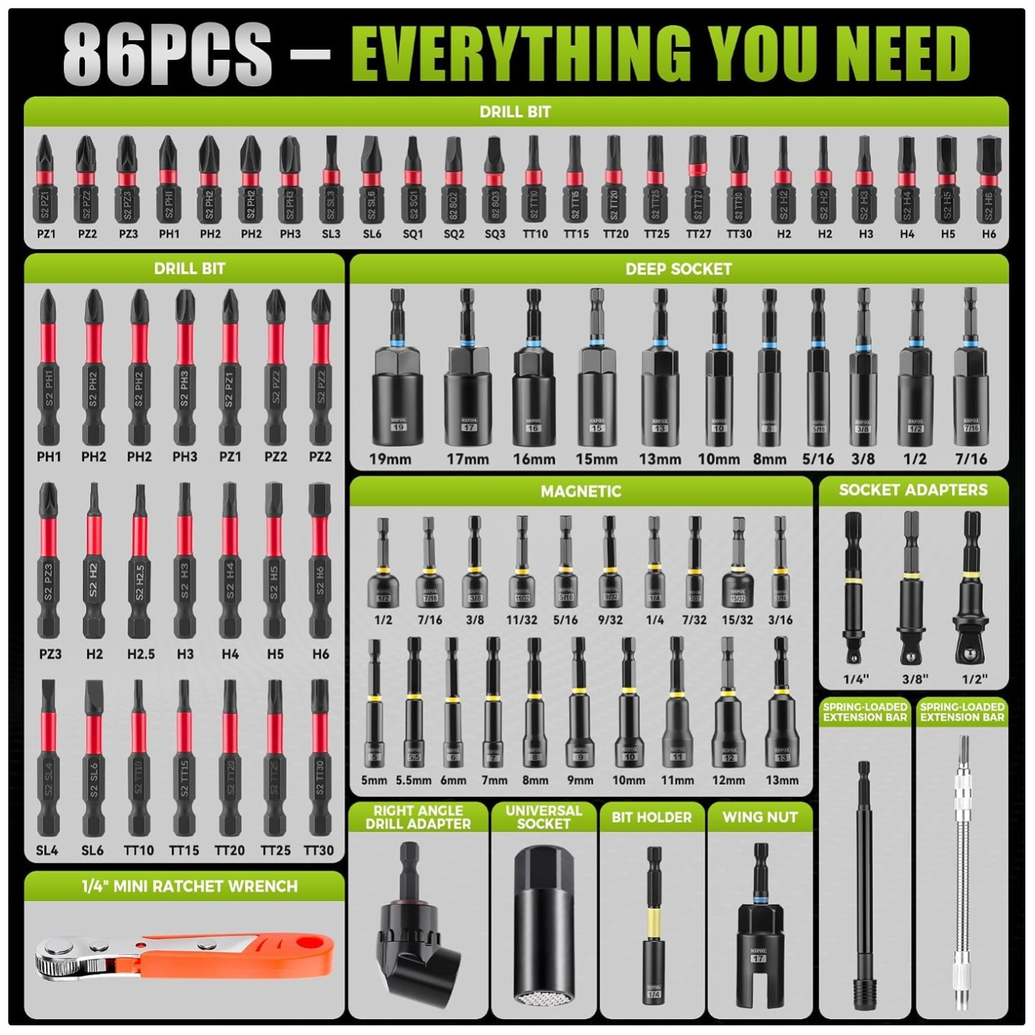 Magnetic Socket Set with Mini Ratchet Wrench, Extension Bars