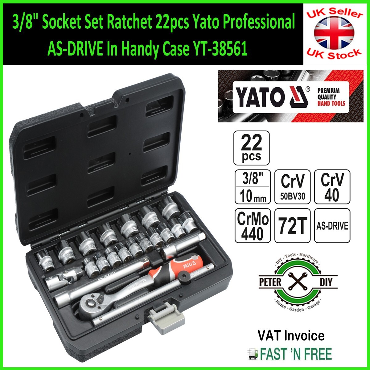 3/8″ Socket Set Ratchet 22pcs Yato Professional AS-DRIVE In Handy Case YT-38561