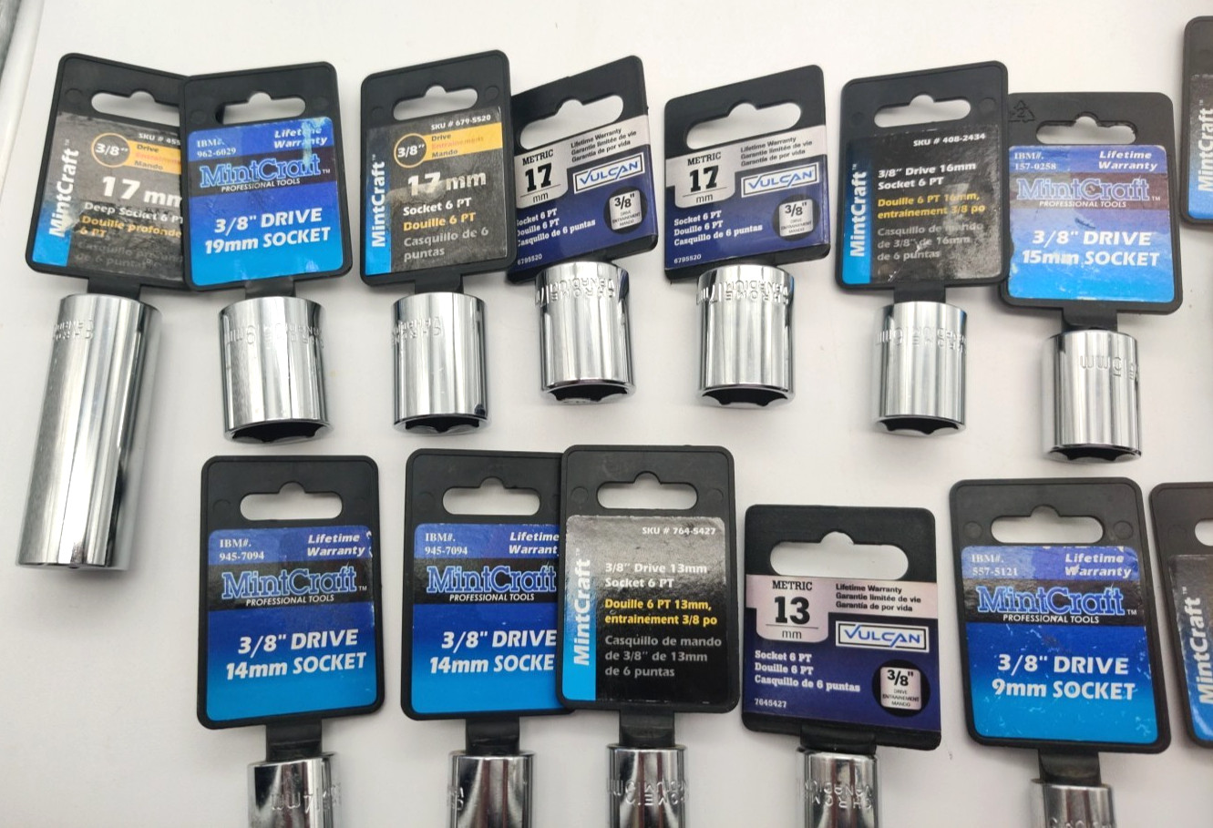 14pc Assorted Lot of 3/8″ Drive Sockets, Metric Deep Well, Regular and Hex Bit