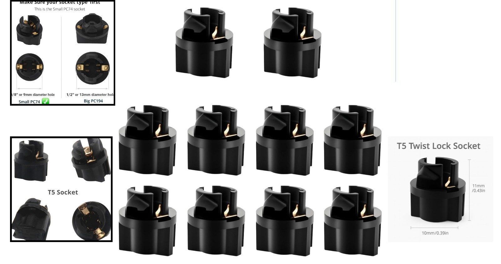 Universal 10pcs T5 Twist Lock Bulb Sockets for Dashboard and Interior Lighting