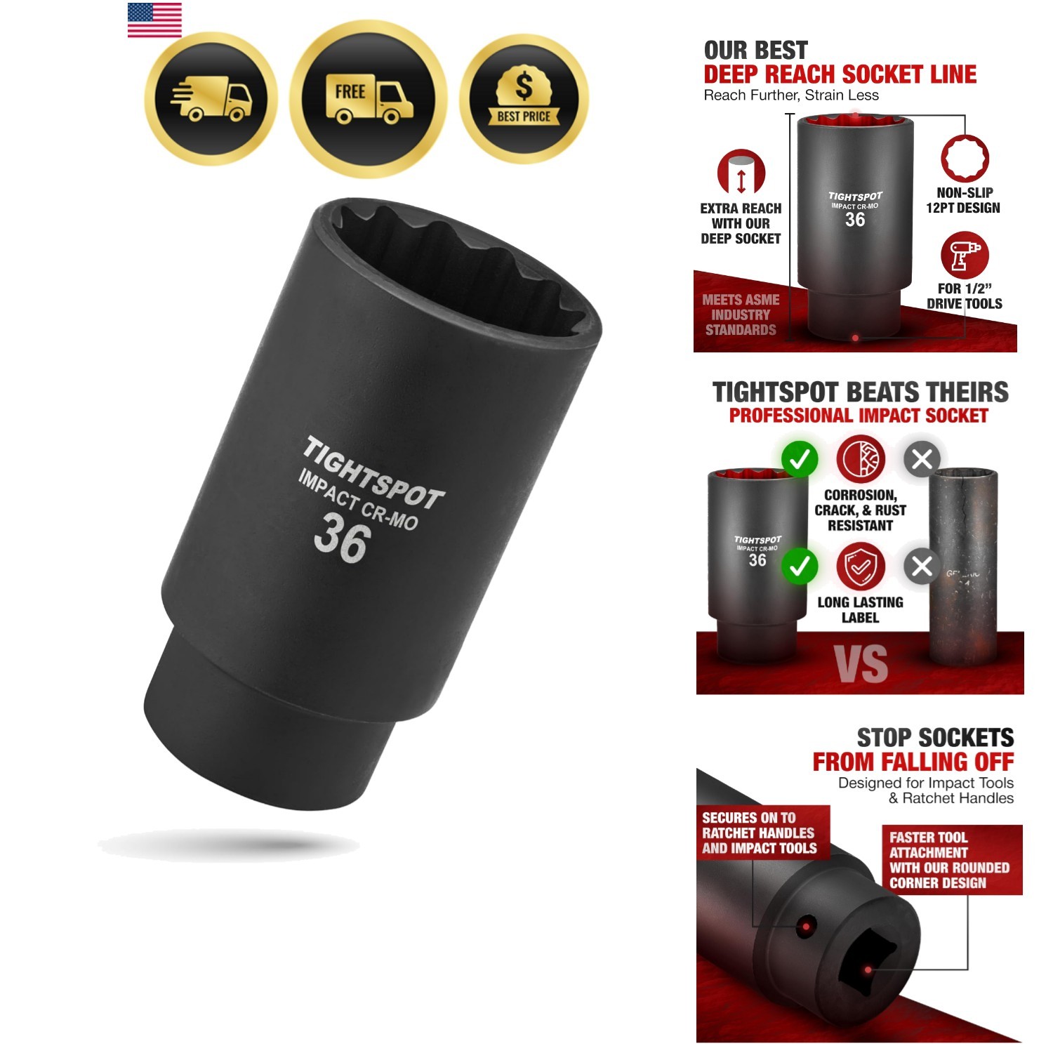 1/2 Inch Drive – 36 mm Deep Impact Socket, Heat-Treated CRMO Steel, Metric