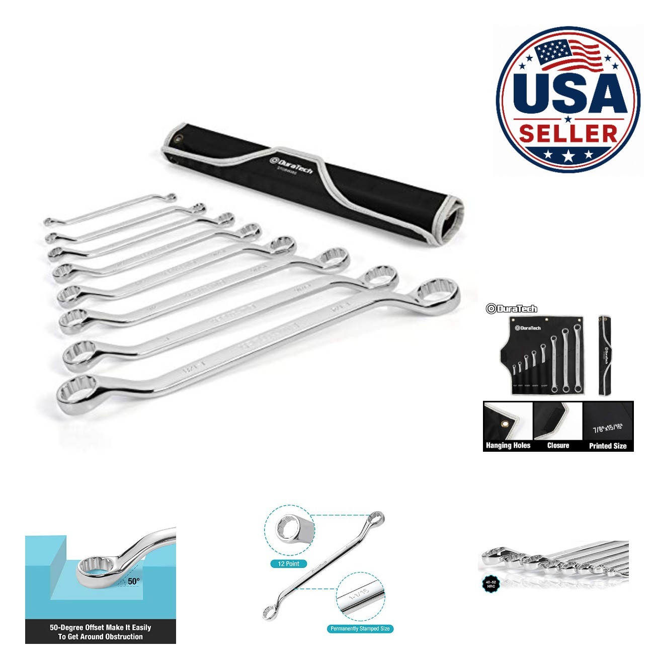Offset Wrench Set SAE 8 Piece 12 Point 1/4 to 1-1/4 Chrome Vanadium Steel