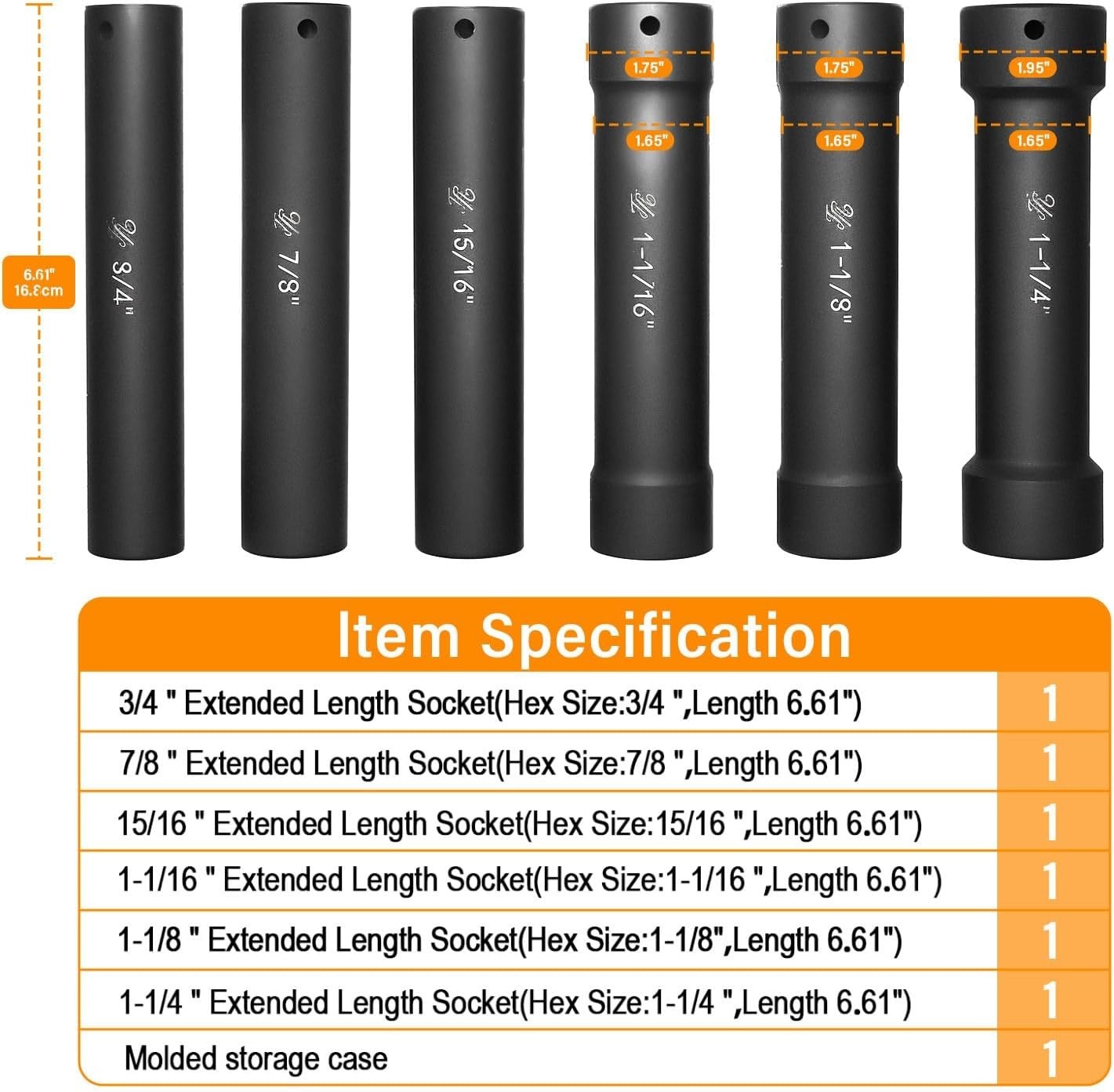 6Pcs 1/2″ Drive Extended Length Impact Socket Set, SAE Unit Sizes 3/4″ to 1-1/4″