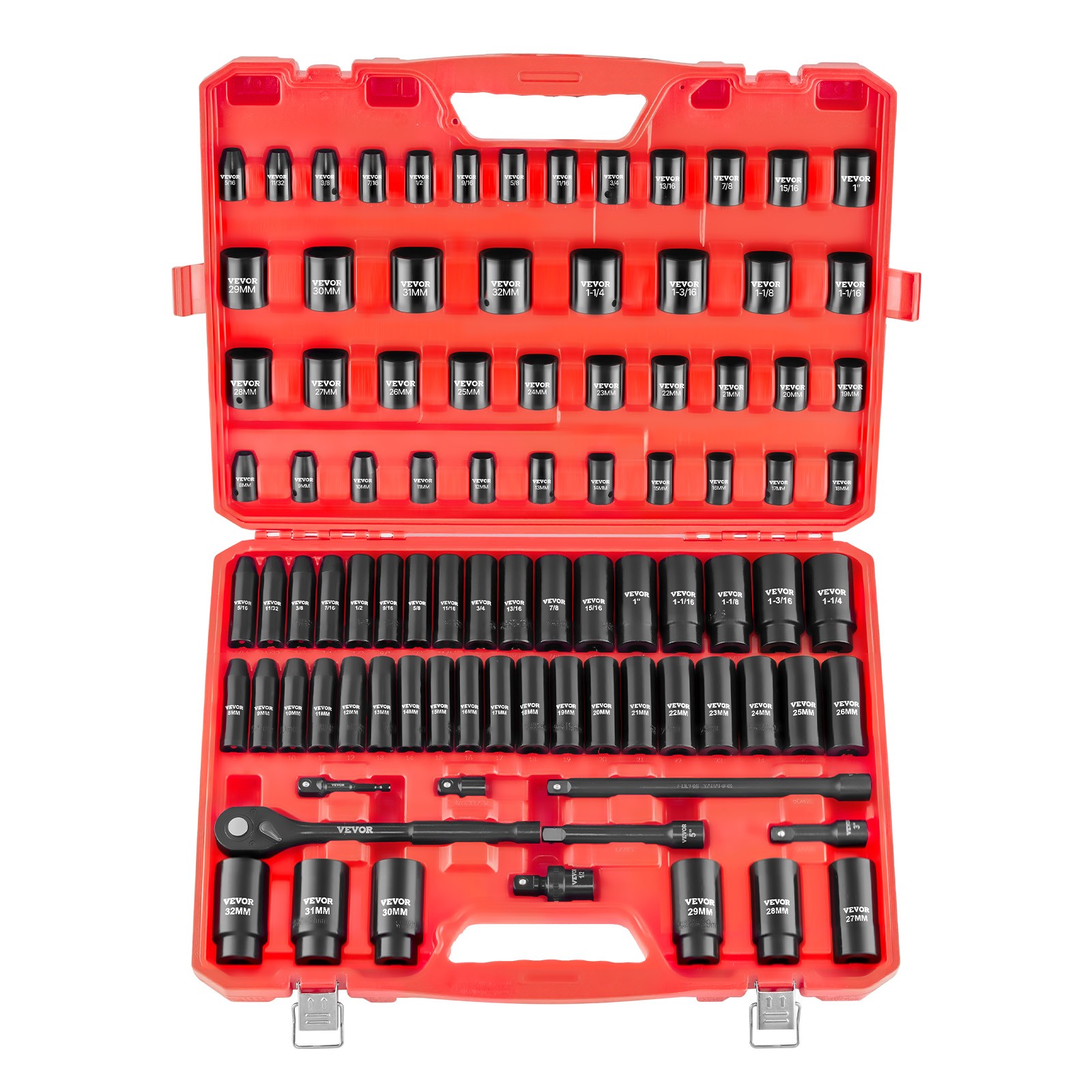 VEVOR 1/2 in Drive Impact Socket Set 91 Pcs SAE 5/16 to 1-1/4 in Metric 8-32 mm