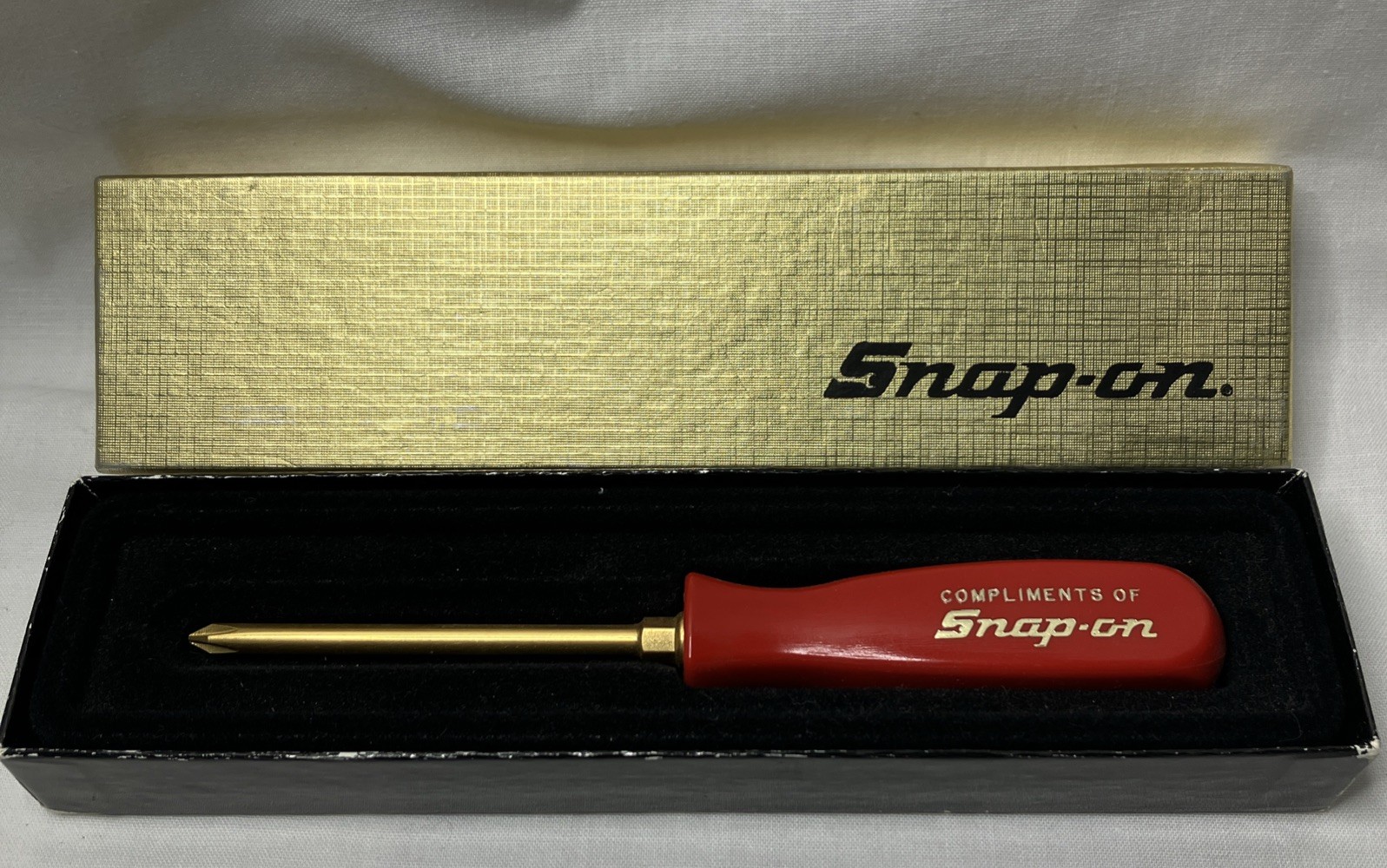 SnapOn Gold Plated “Compliments Of Snap-On” Screwdriver Tool With Box