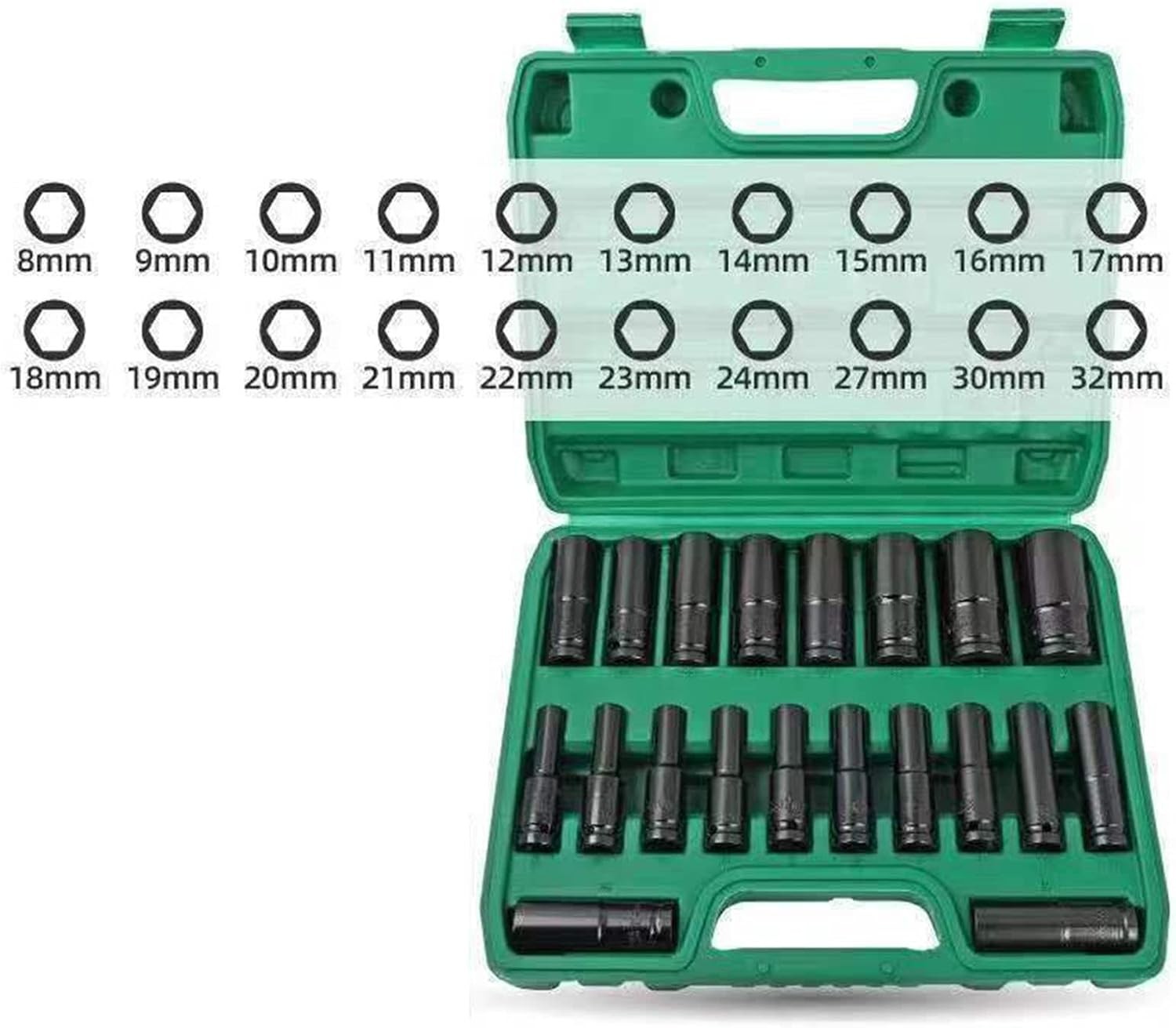 20pcs Metric Deep Impact Socket 1/2″ Drive 8mm-32mm 6 Point Sockets w/Case Set