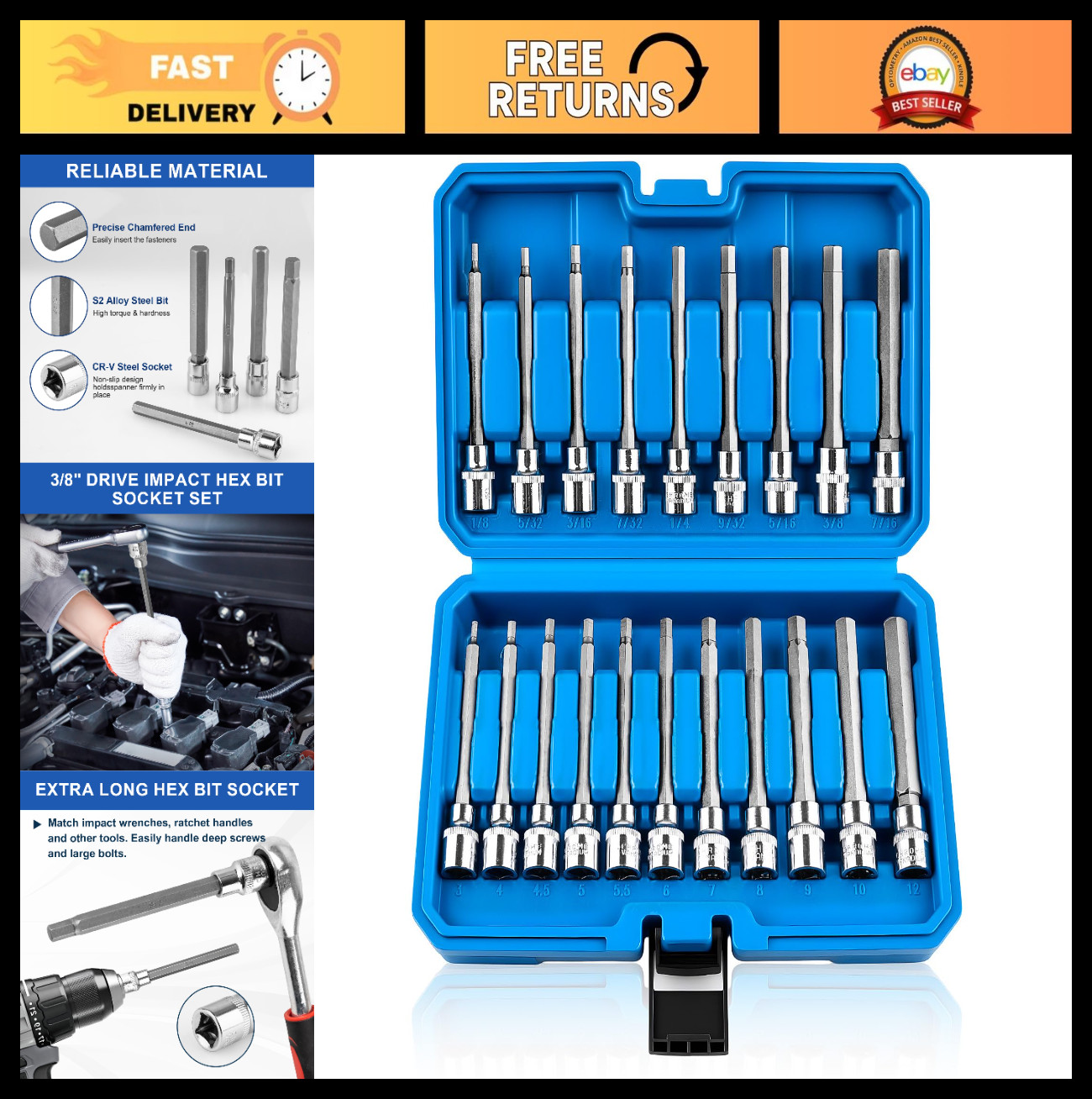20PCS Extra-Long Allen Hex Bit Socket Set, 3/8″ Drive, SAE & Metric Sizes, CR-V/
