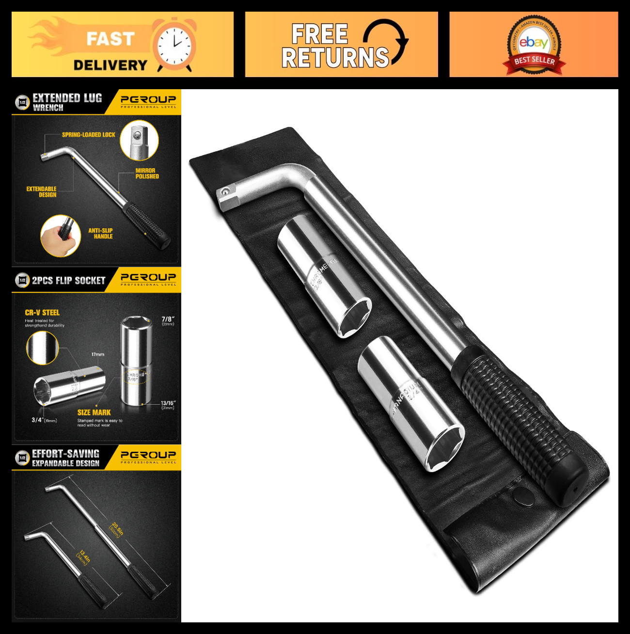 Telescoping Lug Wrench with 17mm/19mm & 21mm/22mm Sockets for Cars, Trucks, Vans