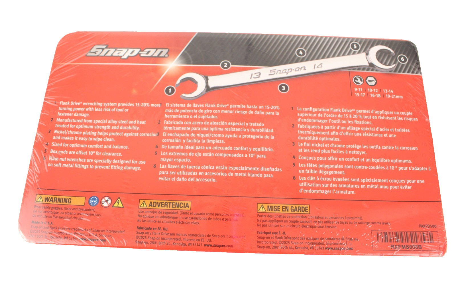 Snap-on New SEALED 6 Pc 6-Point Metric Double End Flare Nut Wrench Set (9–21 mm)