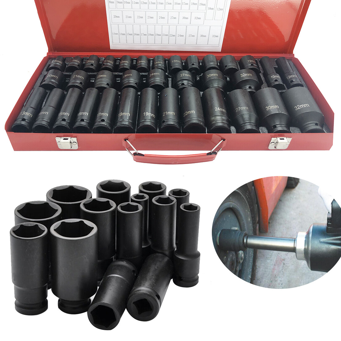 35pcs 1/2″ Drive Deep Impact Socket Set Axle Hub Nut 6-Point Metric CR-V 8-32mm