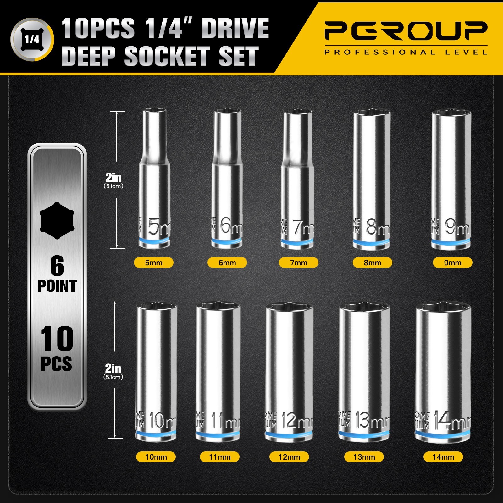 10PCS 1/4” Drive Deep Metric (5mm-14mm) Socket Set, 6-Point, Cr-V Steel
