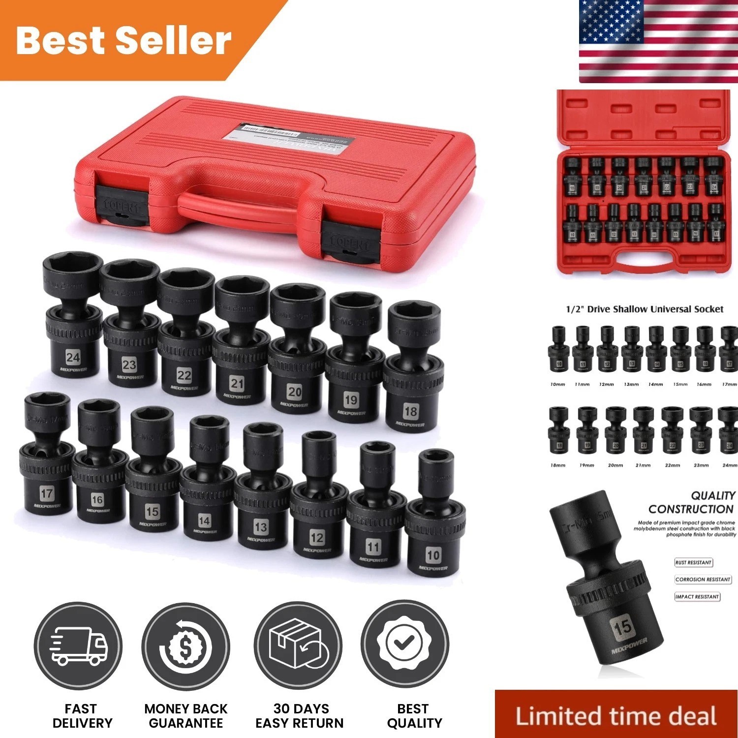 Professional 15-Piece Metric Swivel Impact Socket Set – Easy Read Laser Markings