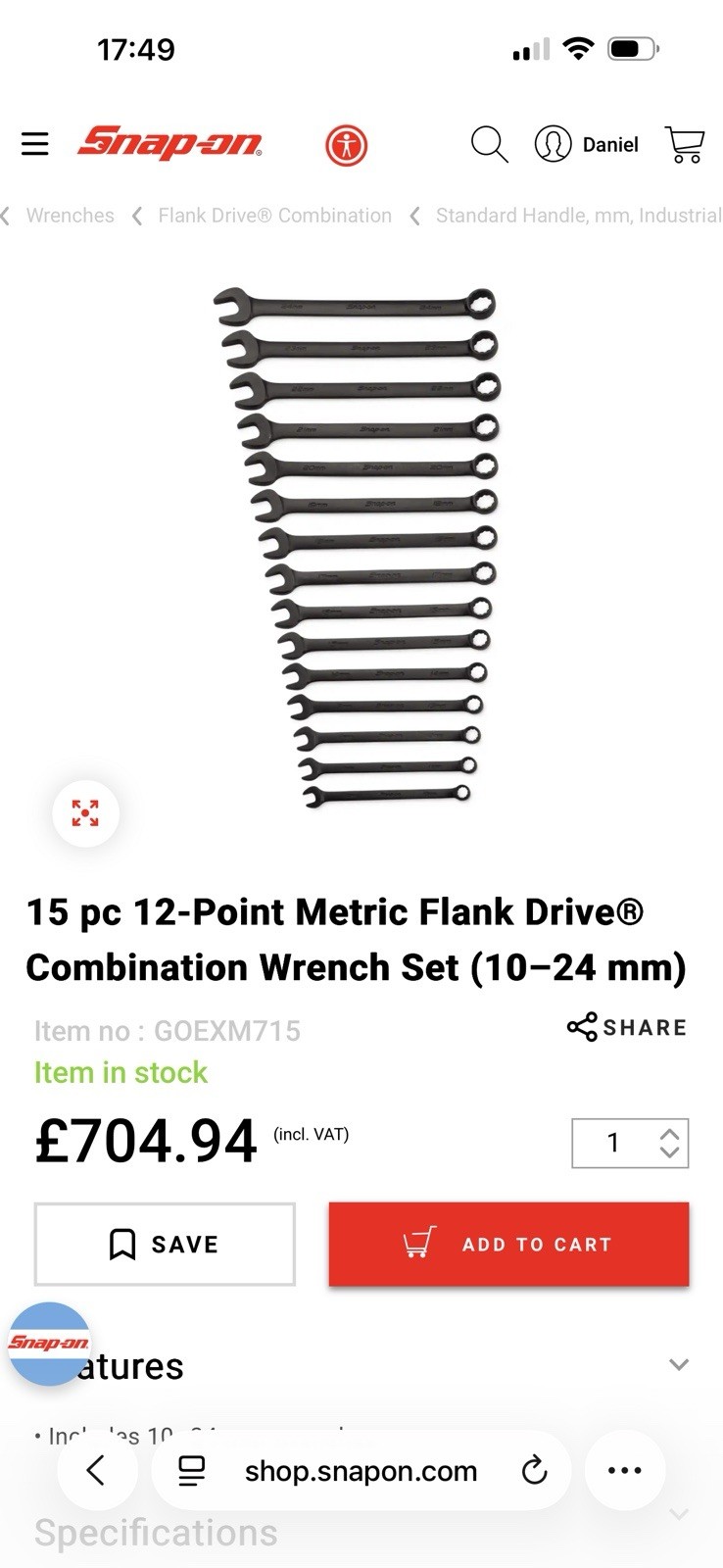 Snap On 15pc 12Point Metric Flank Drive Combination Wrench Set 10-24mm GOEXM715.