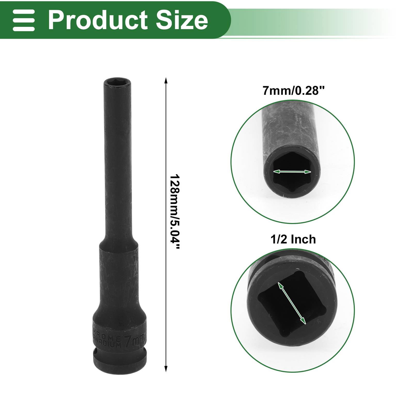 Universal 1/2 Inch Drive Impact Socket 7mm 6 Point Alloy Steel Black 1 Pcs