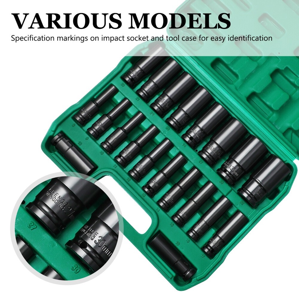 20pcs Metric Deep Impact Socket 1/2″ Drive 8mm-32mm 6 Point Sockets w/Case Set