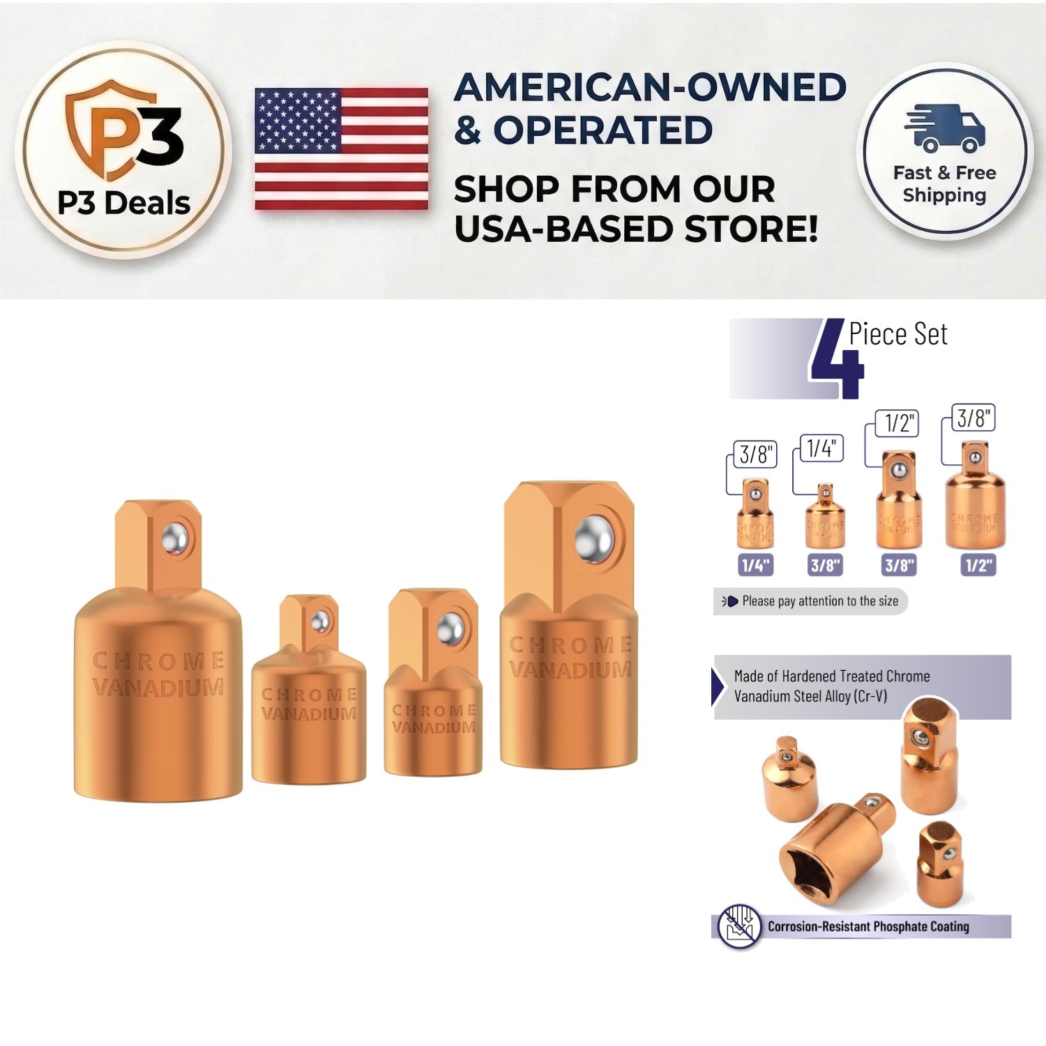 Bates Chrome Molybdenum Steel Impact Socket Reducer Set – Sleek Rose Gold Finish