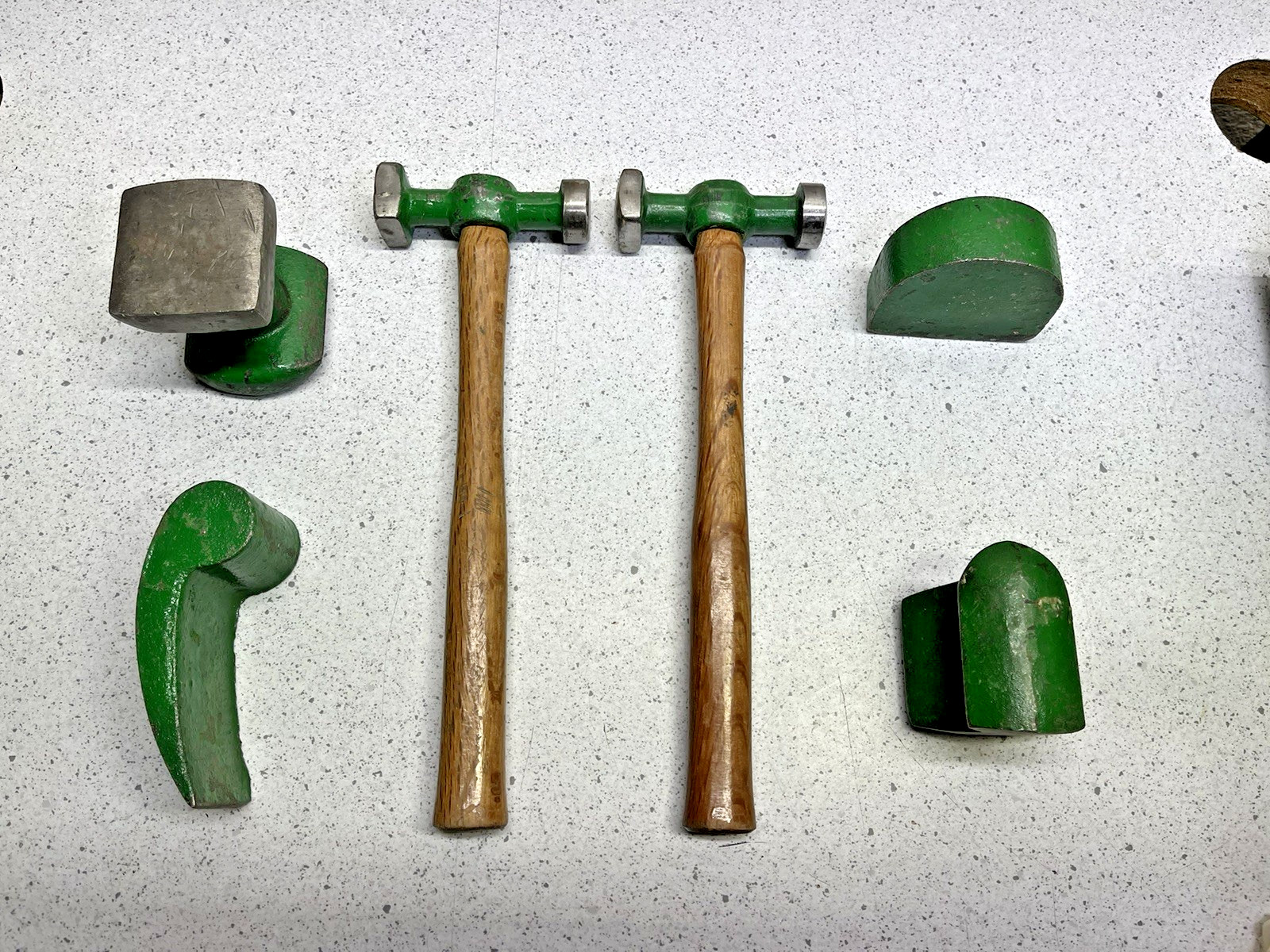 Used Auto Body Hammers & Dollies Set, Painted in green
