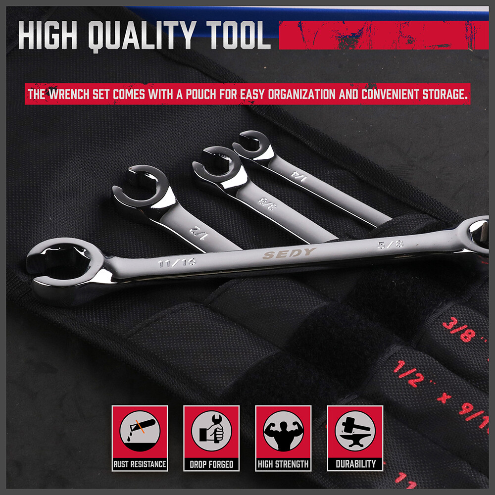 4PC Flare Nut Wrenches Fully Polished SAE Inch Brake Line Offset Head with Pouch