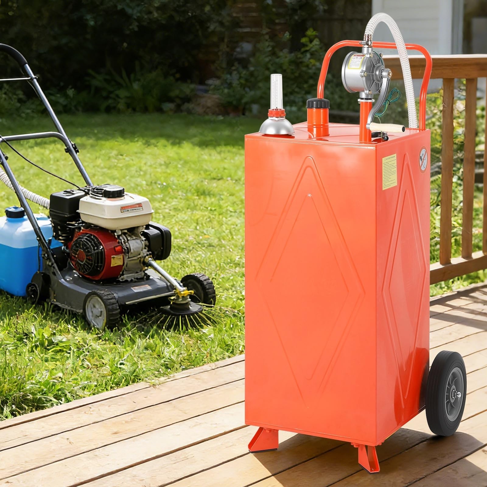 30 Gallon Portable Fuel Tank Gas Caddy w/ Manual Pump Hose 2-Wheel, 2-Support