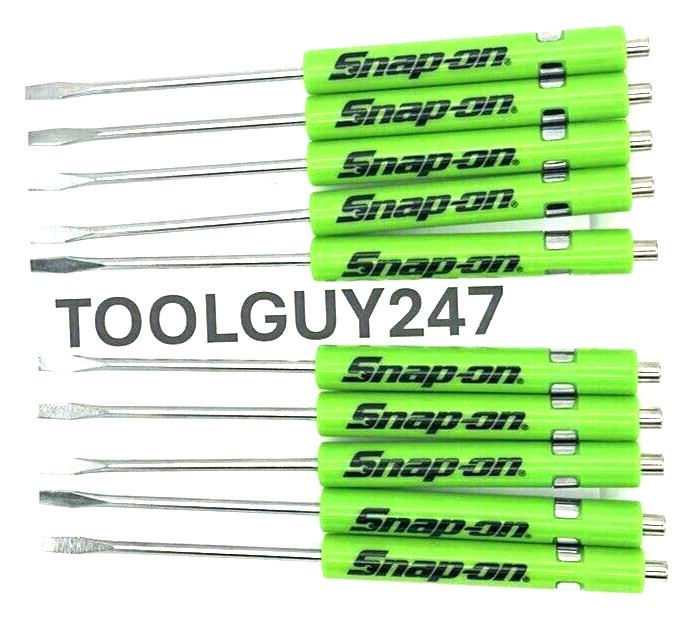 SNAP ON TOOLS 10 TEN Snap On Pocket Screwdrivers Flat Tip GREEN MAGNETIC END