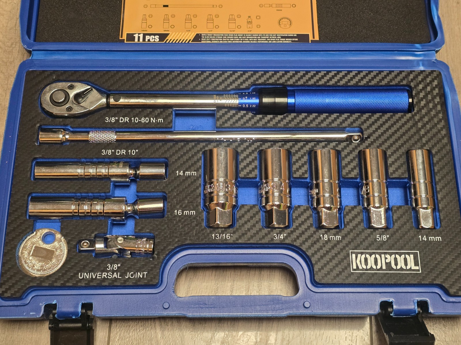 11pc Master Spark Plug Socket Set w/3/8 dr Torque Wrench, 10″ Extension & Swivel