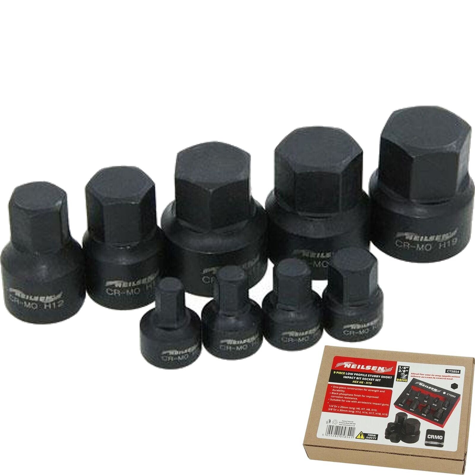 Neilsen Low Profile Stubby Short Impact Hex Bit Socket Set 6mm – 19mm 9pc