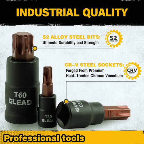 31PC Torx Bit Socket Set T8-T70 & E-Torx E4-E24 S2 Alloy Steel Star Premium CR-V