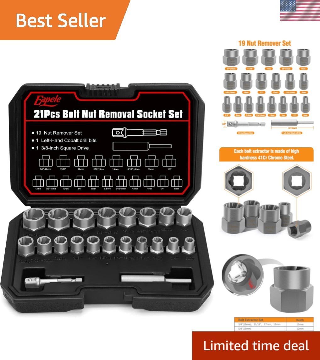 Portable Bolt Extractor Set: 21pcs Chrome Steel for Rusted & Stripped Fasteners