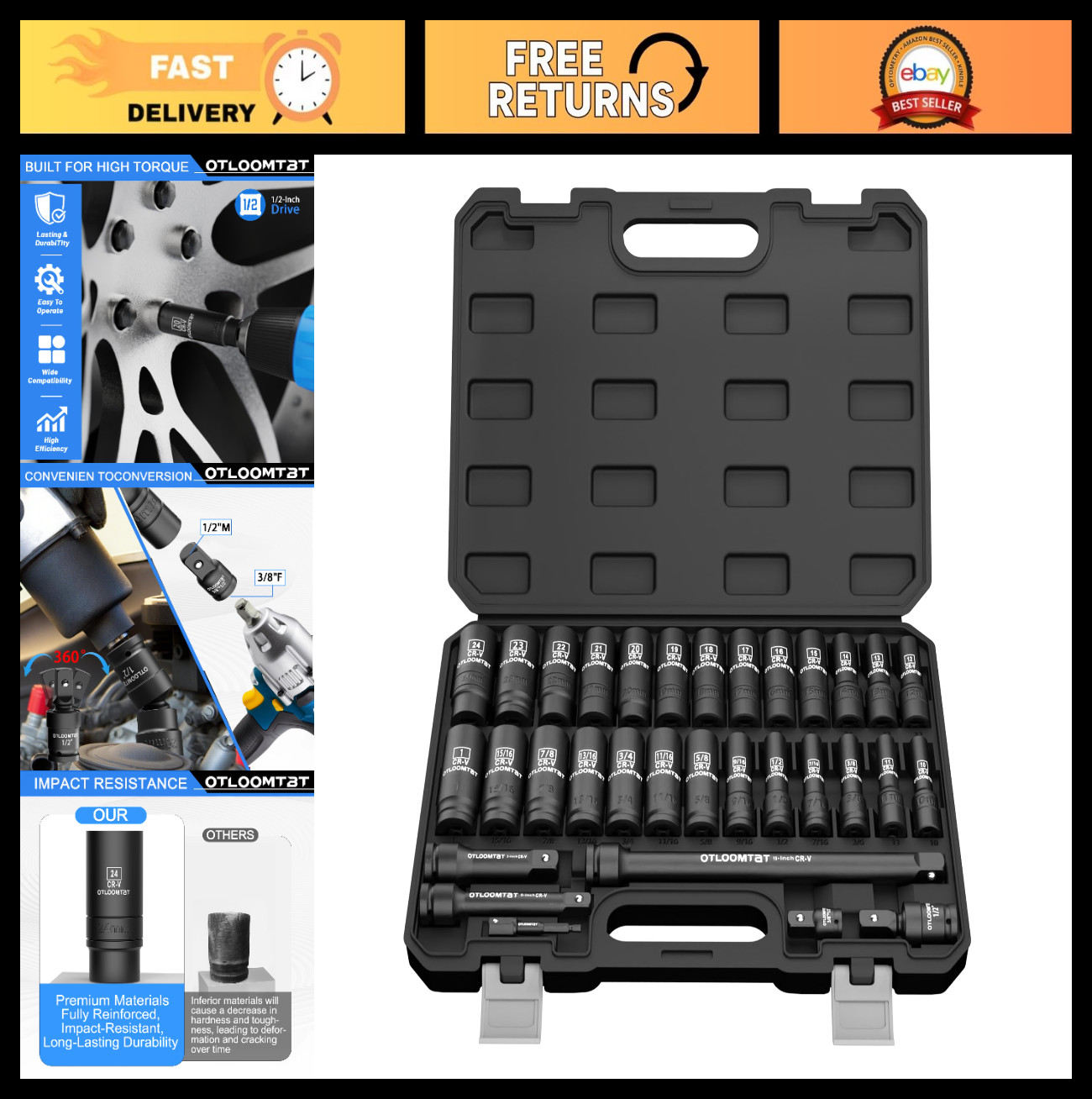 32PCS 1/2″ Drive Impact Socket Set – Heavy Duty Deep Metric/SAE, Cr-V Coating, S