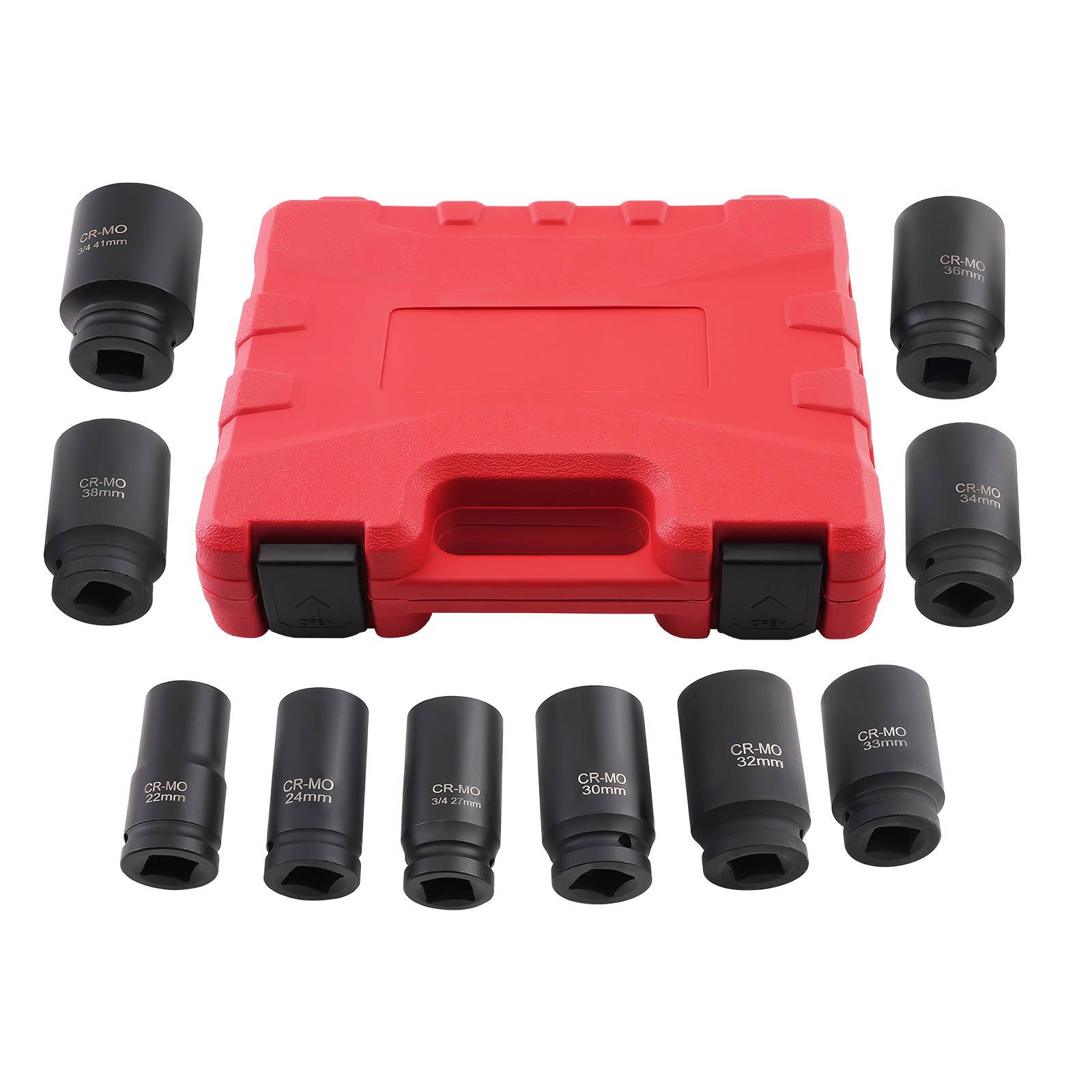 10 Pcs 3/4″ Drive Deep Impact Socket Set 6 Point Metric Sockets 22mm-38mm-41mm