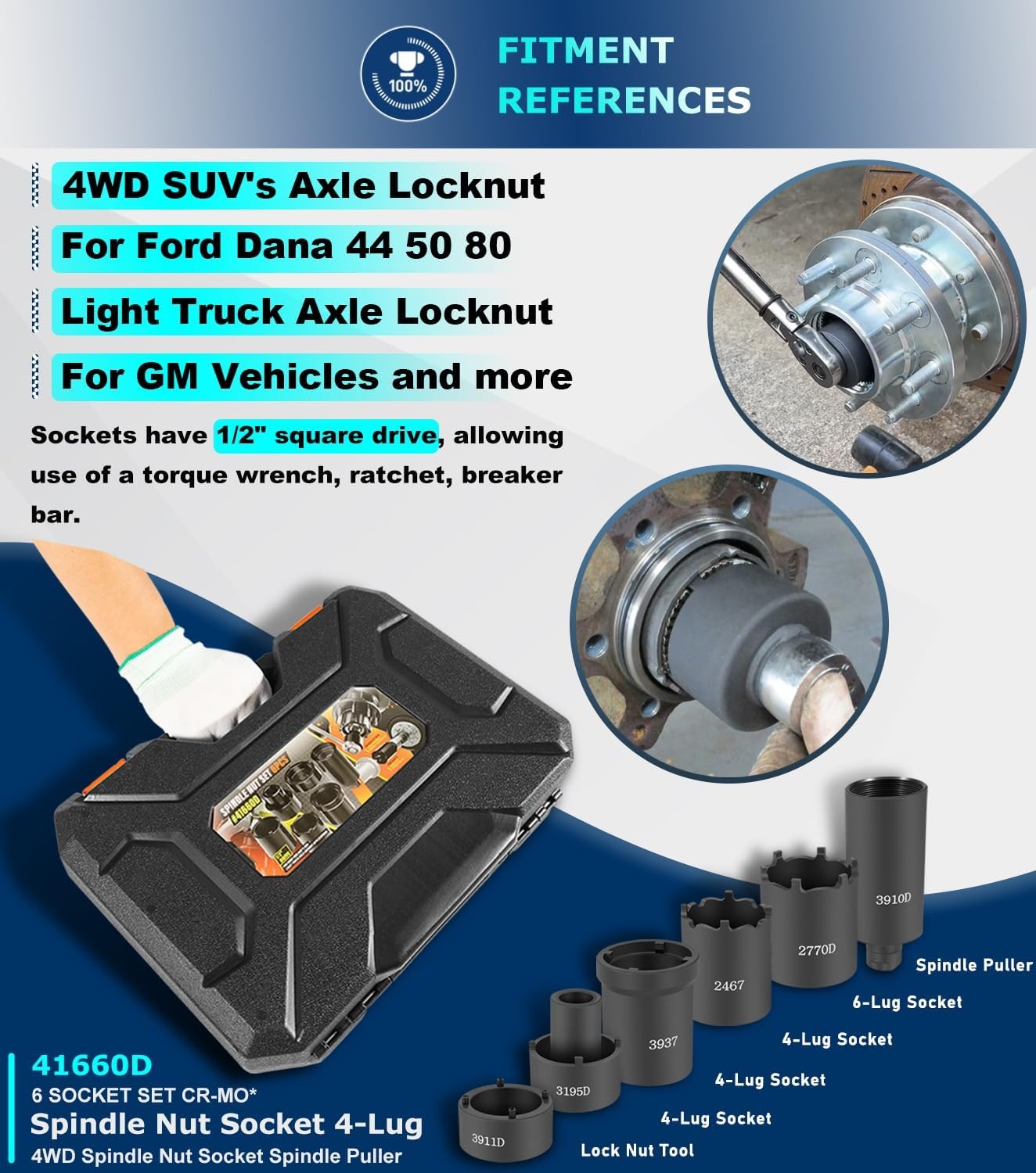 For Ford 41660D 6 Pack Spindle Nut Socket Set For Dana 44 50 80, F-series Trucks