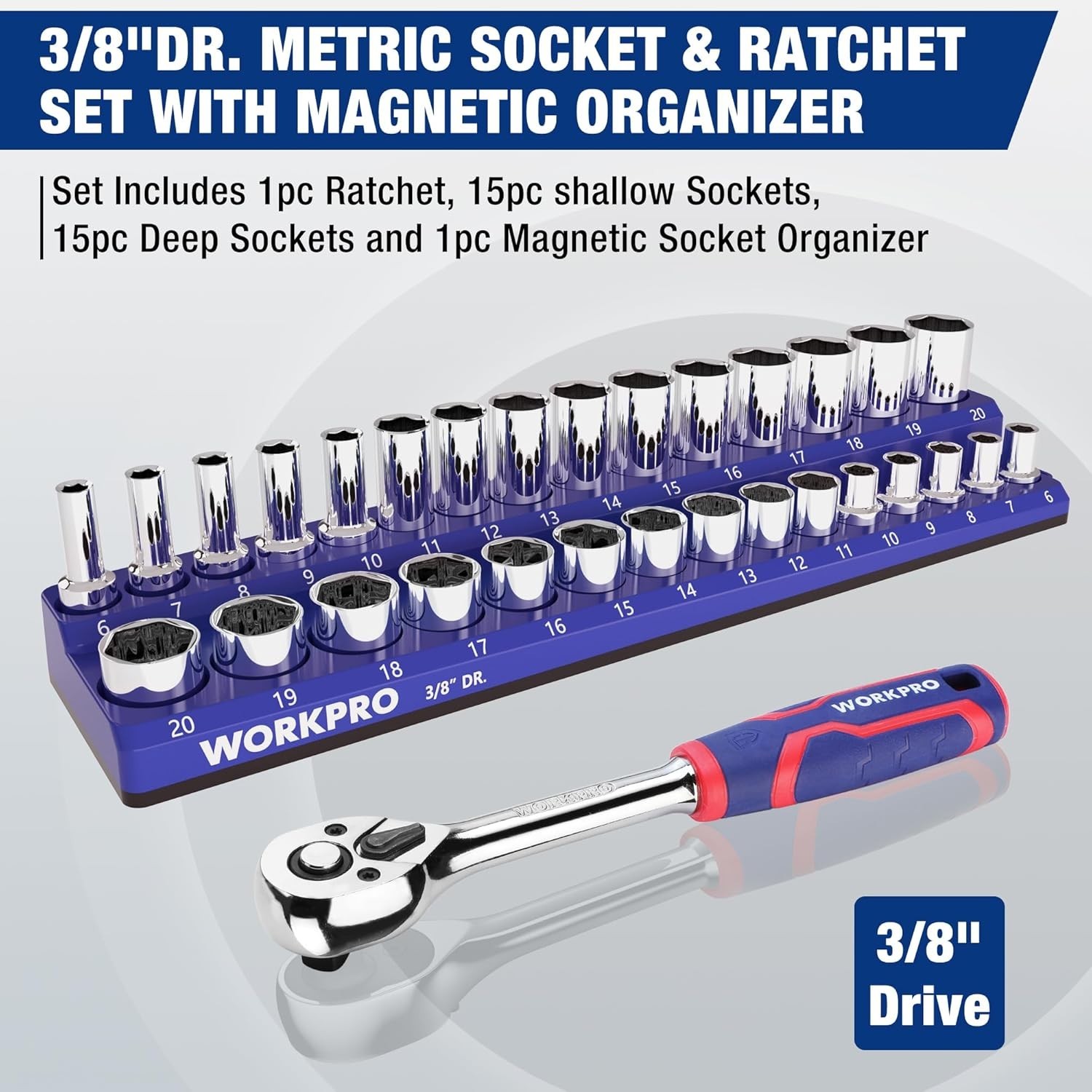 32-Piece 3/8-inch Drive Metric Sockets and Ratchet-Including 30 Metric Deep a…
