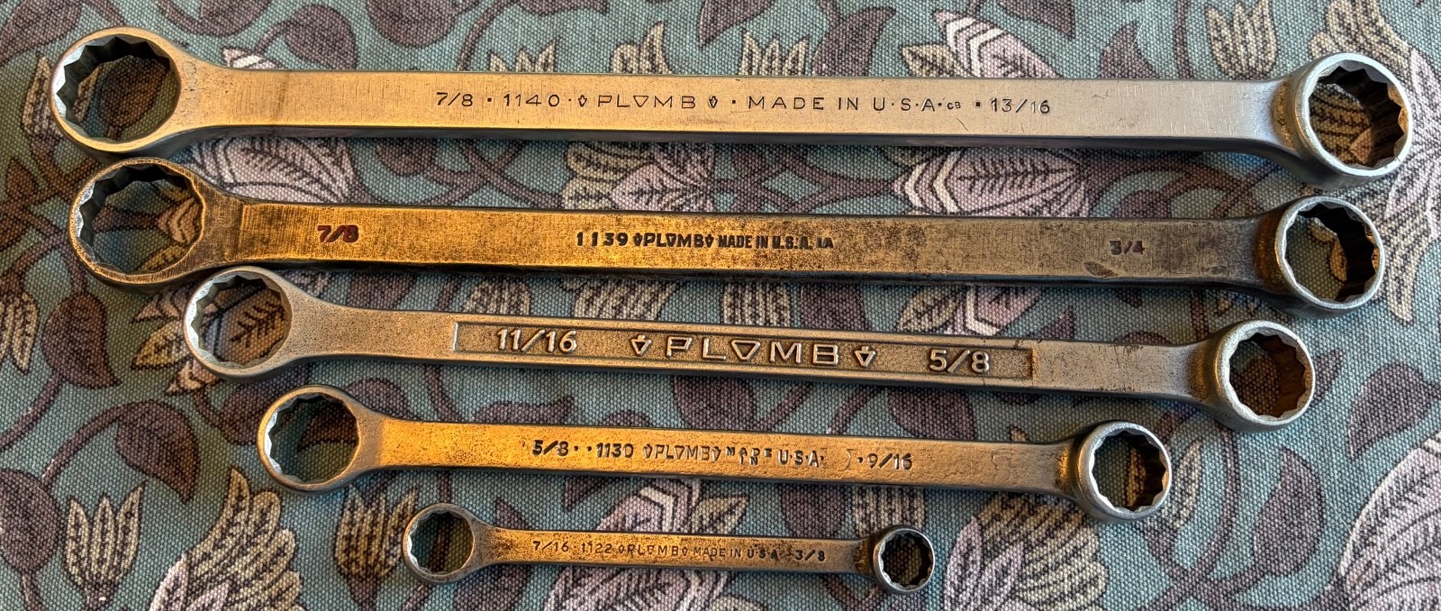 vtg PLUMB PLVMB Double Box End Wrenches, SAE 12pt, 1 w/1940’s Pebble Finish USA