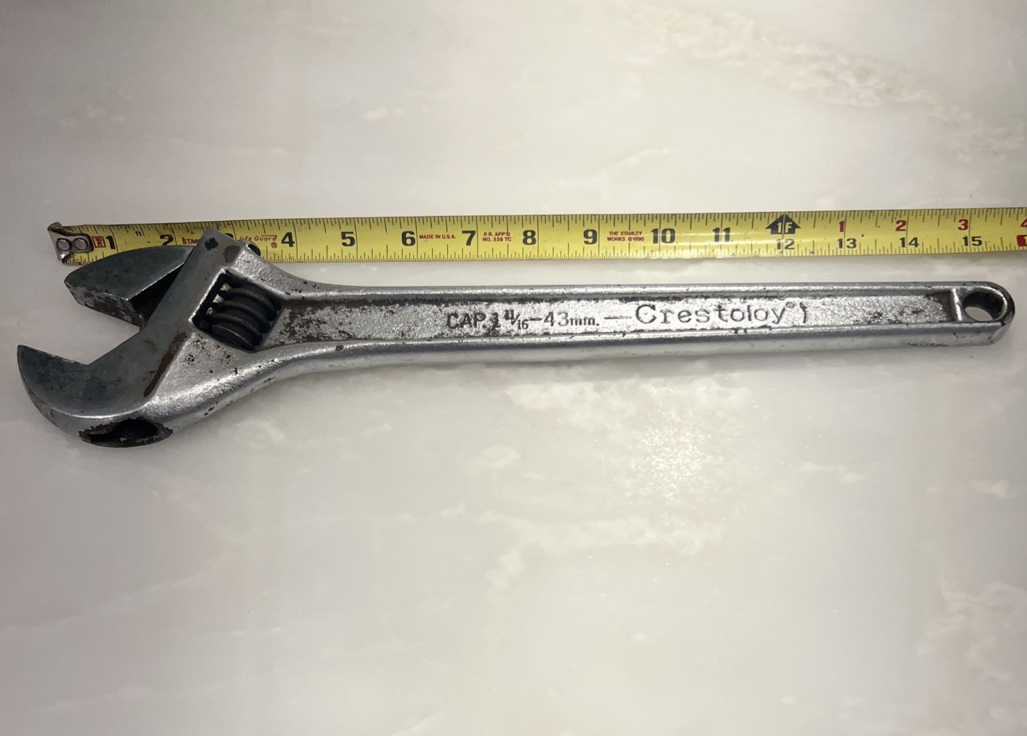 Vintage Crescent Tool Crestoloy 15″ Adjustable Wrench Made USA Cap 1 11/16” 43mm