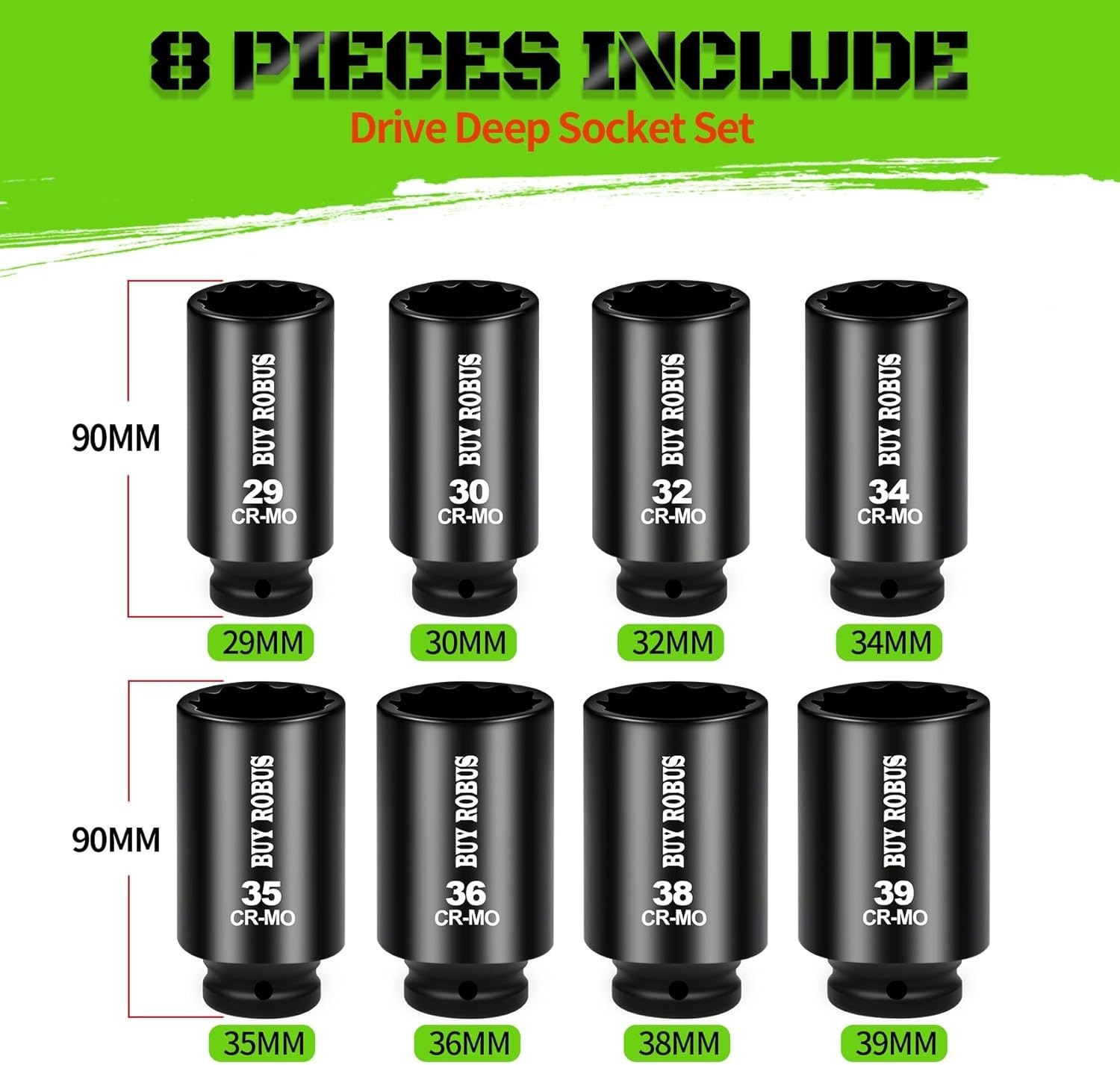 Axle Nut Impact Socket Set, 1/2″ Drive Deep 12 Point 8-Piece Metric 29mm, 30m…