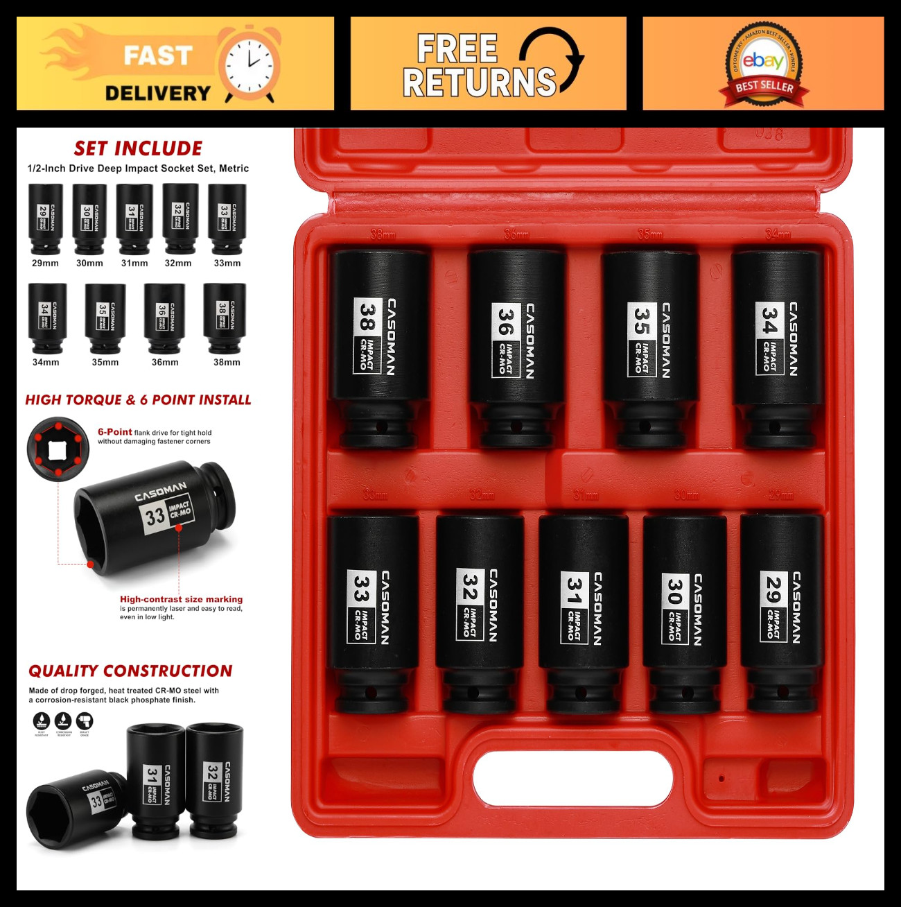 Large 1/2″ Drive Deep Impact Socket Set, 9-Piece, 6 Point, Metric 29mm-38mm, CR-