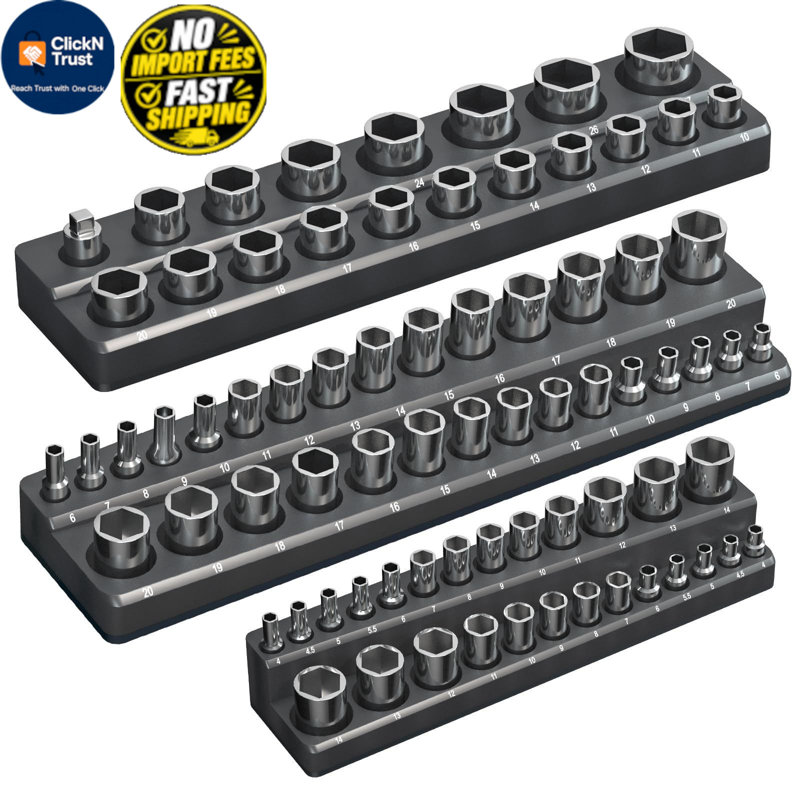 Magnetic Socket Organizer Holder Set – 3-Piece Tool Organizers Black