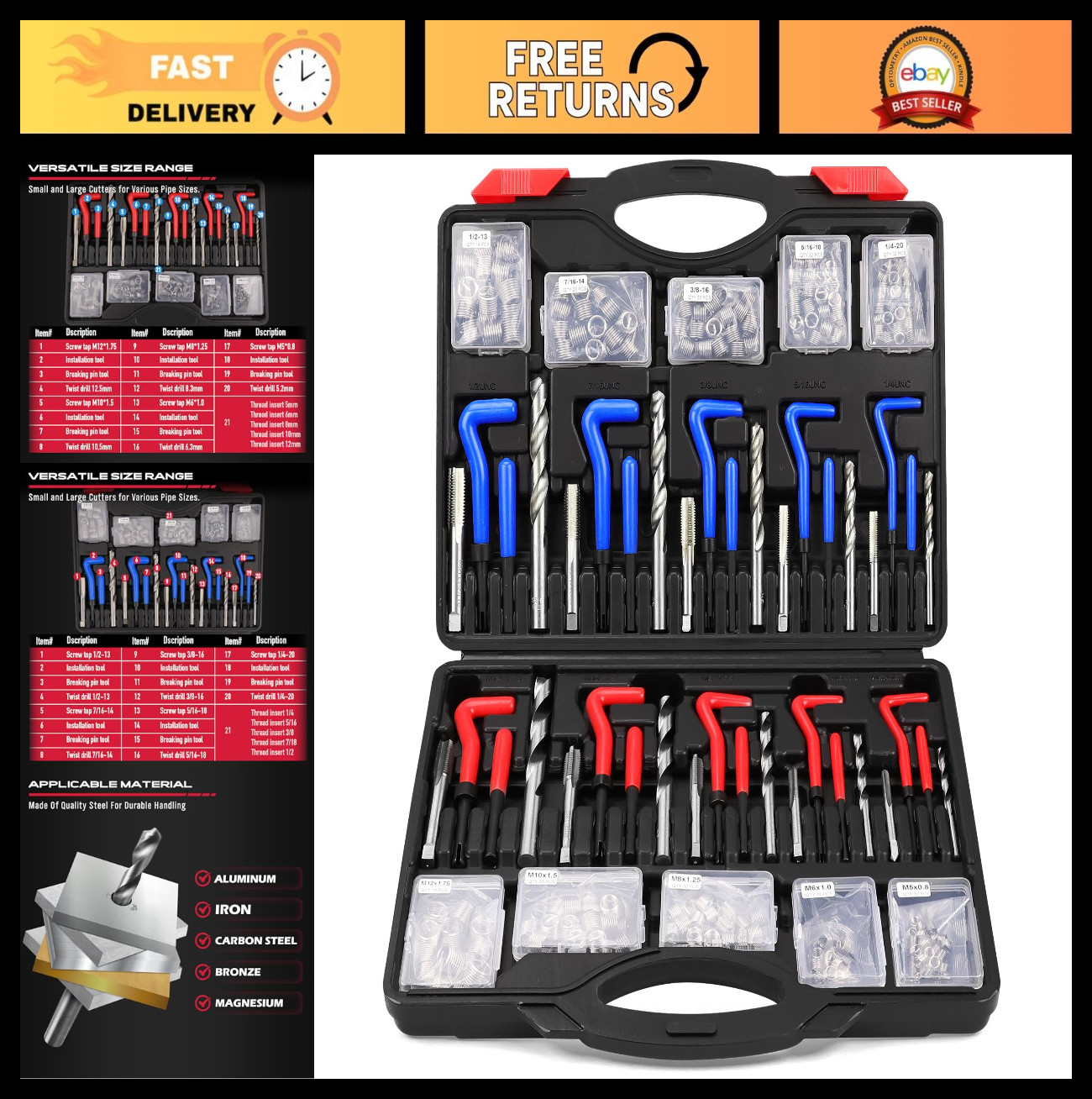 320-Piece Thread Repair Tool Kit – Metric & SAE Heli-Coil Inserts, Drill Bits, S