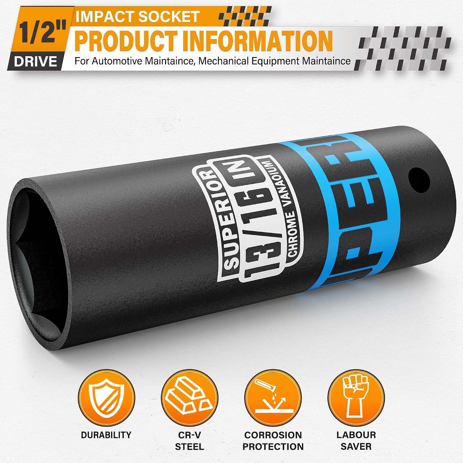 1/2″ Drive Impact Socket 13/16 Inch Deep Socket 6 Point CR-V