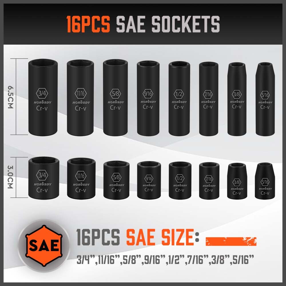 50PC 3/8″ Drive Impact Socket Set Deep & Standard SAE Metric 5/16 – 3/4 8 – 22MM